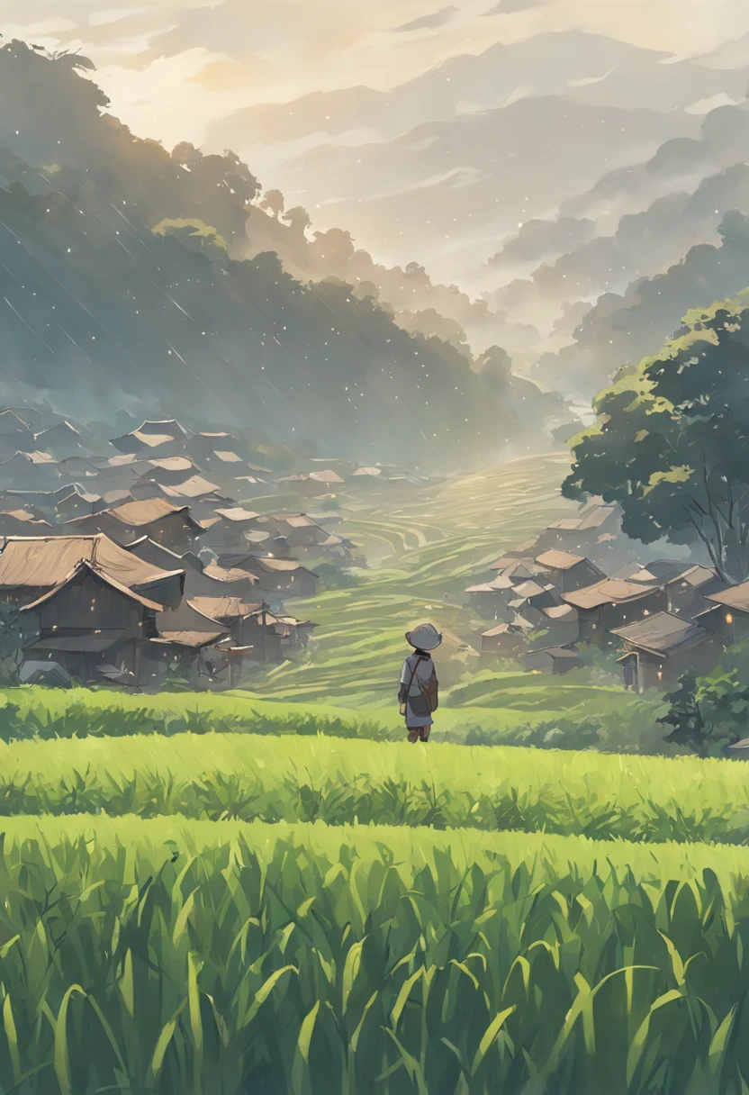 There was a man walking through a rice field,In the background is a cottage,There are rice paddies,Rice fields,There are neat rice seedlings in the field,Foggy rain,villages,lavoura,in a serene landscape,Foggy weather,In the midst of vast tranquil landscapes,In the early morning,In the morning fog,behind a tiny village,thin fog,countryside in japan,thatched roof、starrysky、As estrelas