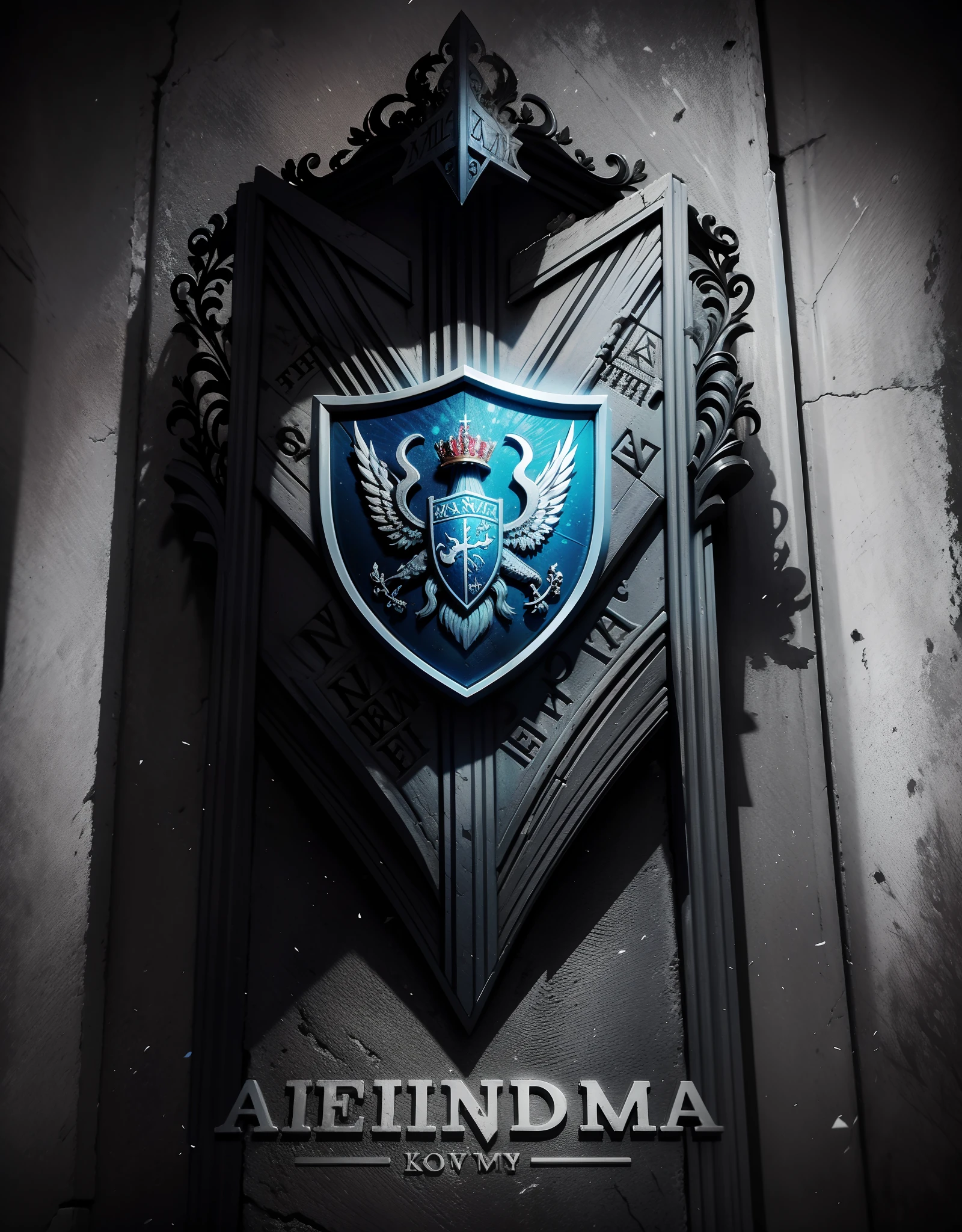 Draw a coat of arms on a tombstone with the writing: ENIMY DONW. realista, simbol, Logo, para jogos e-Sport.