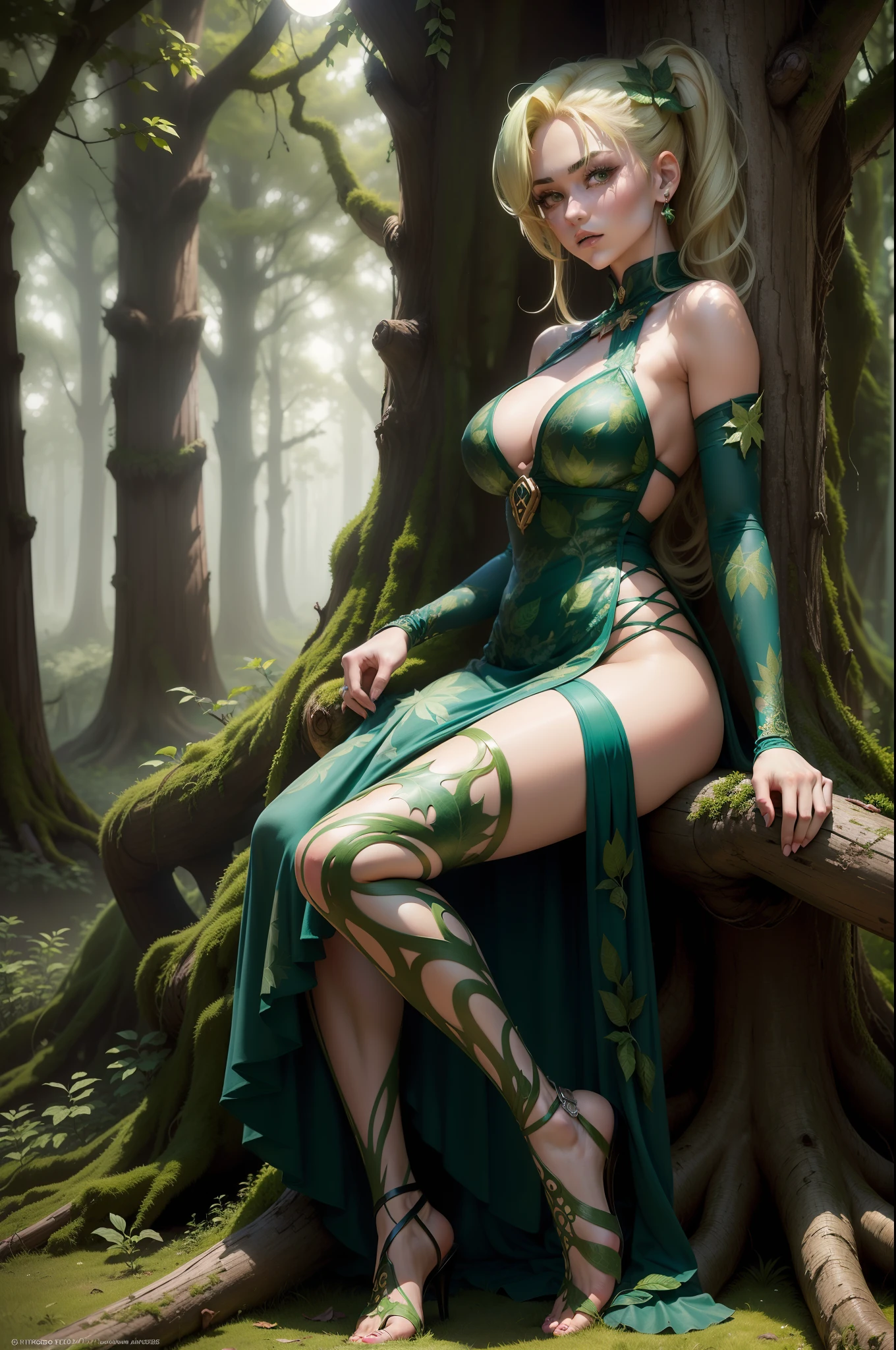 Super cute and beautiful meshed green and blonde hair (Jolyne kujo:1,6)), 18 years old with big green eyes, (jolyne kujo's typical hair:1,6), (little nymph of the forest), sitting on a tree trunk covered in leaves and vines. Wearing a revealing (tree-leaves dress:1.3), (highly detailed body and face:1.4), (realistic body proportions), (mystical forest at night in the background:1.3), (night lighting:1.2), drawing style by jojo's bizzarre adventure, drawn by Hirohiko Araki