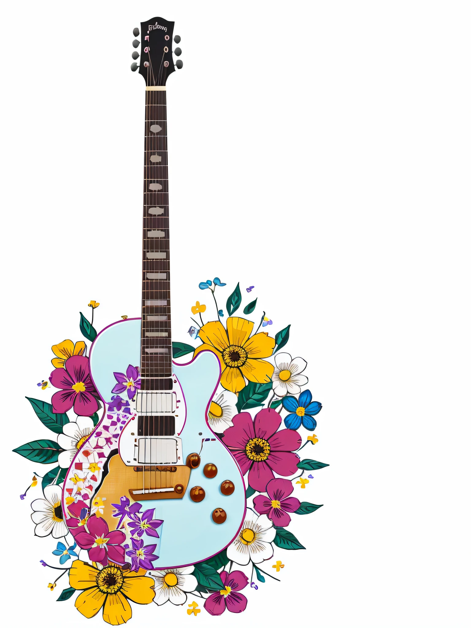 vector image of t-shirt print, guitar with several flowers of different colors around creating harmony and mixing colors, with other smaller flowers around, white background image, vivid colors