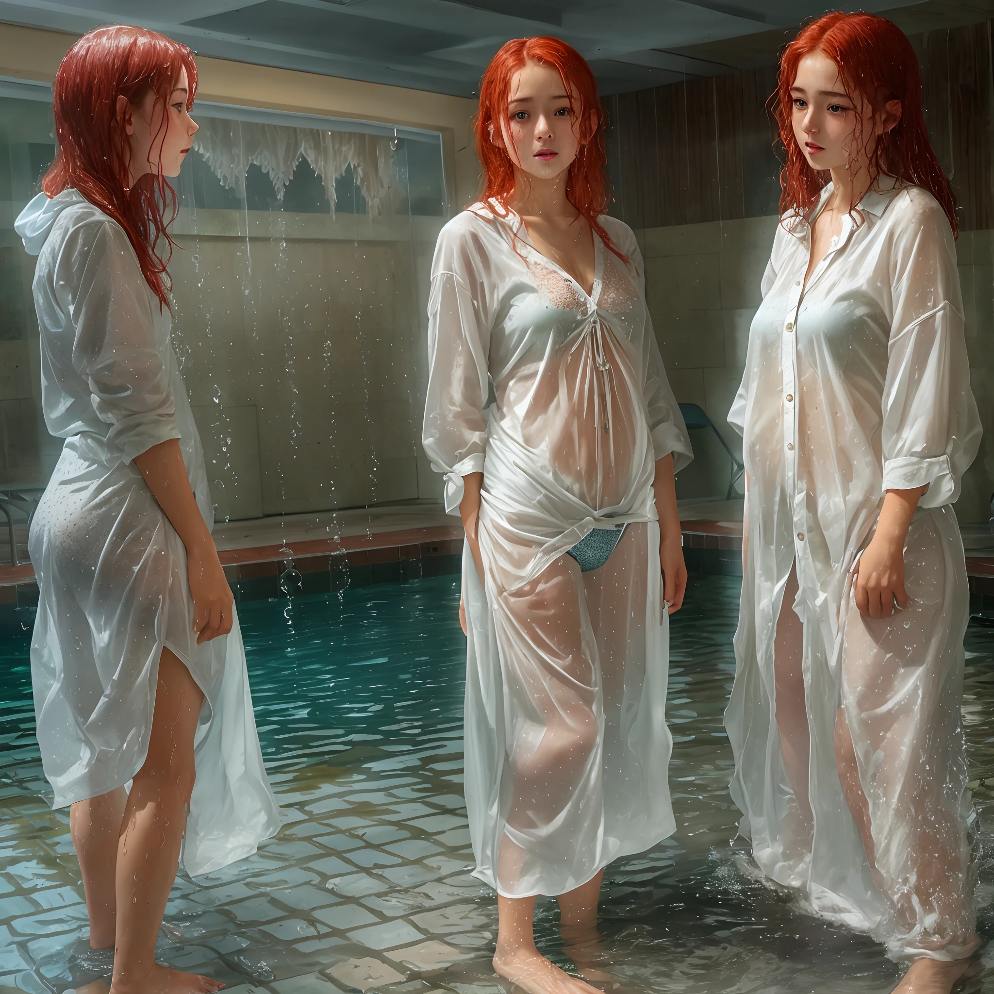 8K, Ultra Detail, Ultra Realistic, HDR, 3 girls, Full body shot, , Child figure, Small, cute, Squatting, Exhibitionism, Thin legs, Thrusting waist, in bed, bedsheets, Thin, wet skin, shiny white skin, wet from rain, water, a large amount of yellowish water coming from the crotch, chest and face, wet, very long red nightgown, pool, wet spots, wet underwear, redhead