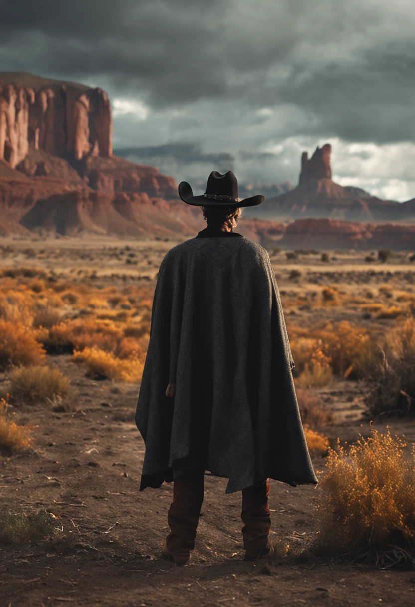 Cowboy with black plain hat, poncho cinza, revolver prata