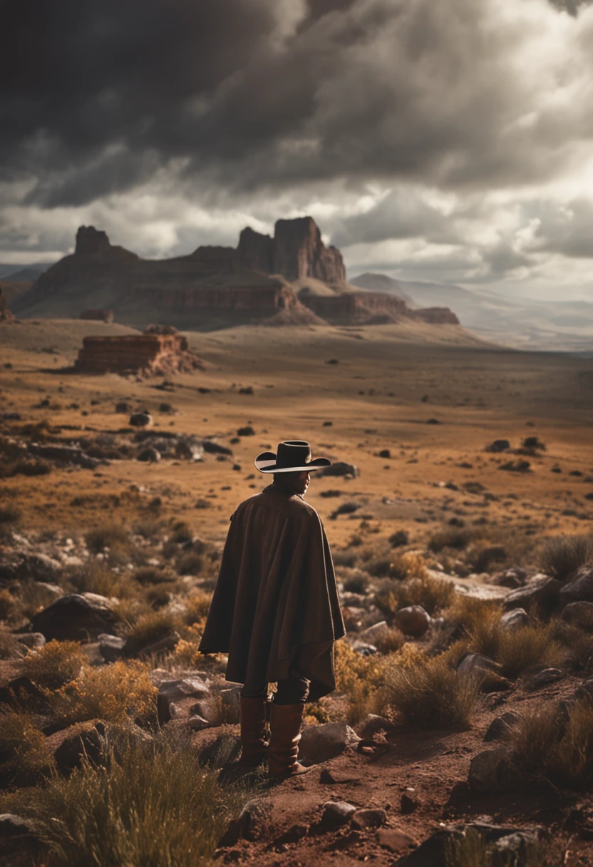Cowboy with black plain hat, poncho cinza, revolver prata