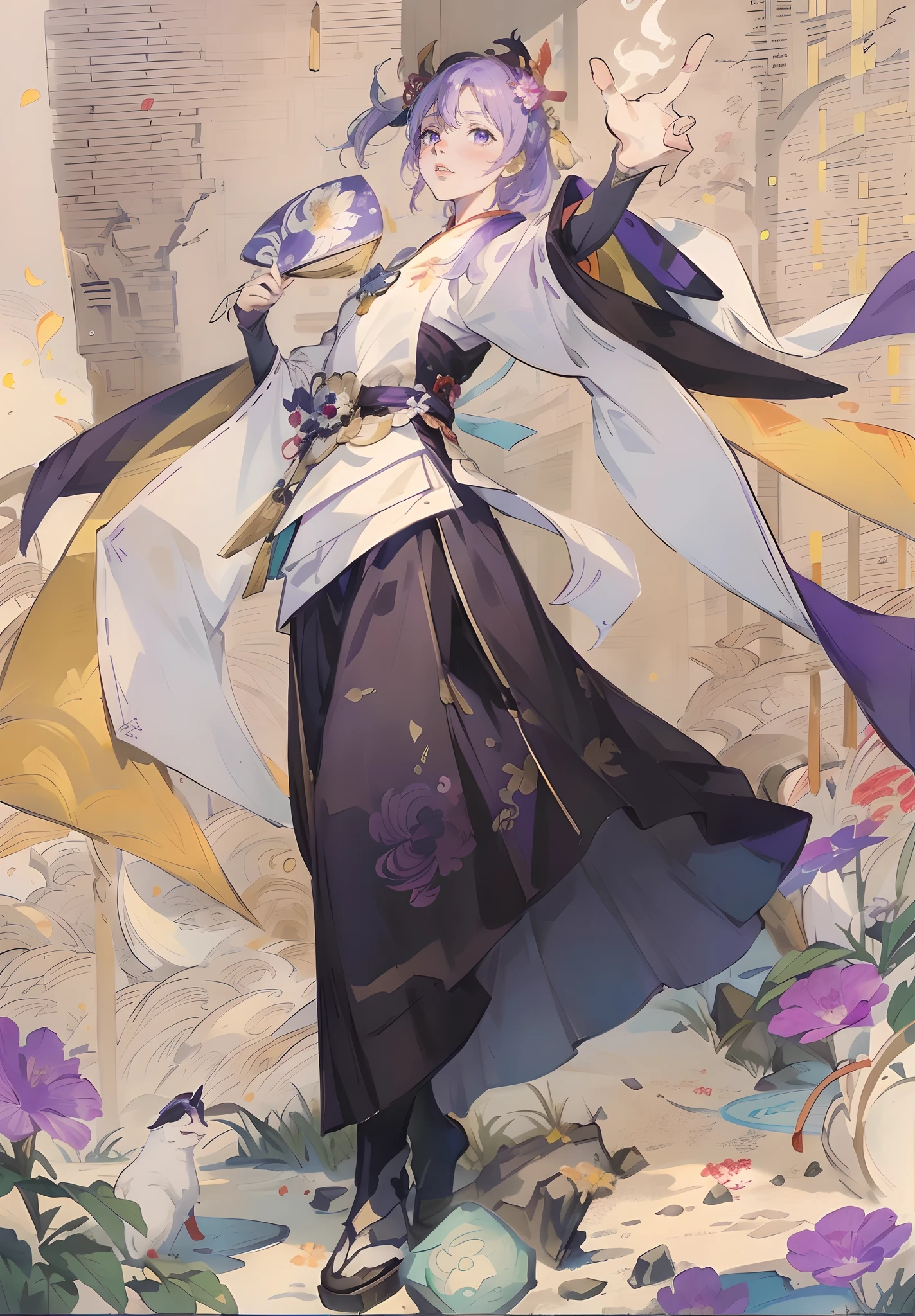 tmasterpiece,HighestQuali,(China-style),Anime girl in white and purple costume standing in garden, concept-art:Heroes,long white robe, pixiv contest winner, shin hanga, Onmyoji detailed art, zhongli from genshin impact, onmyoji, heise jinyao, From Arknights, onmyoji portrait,Hand held fan