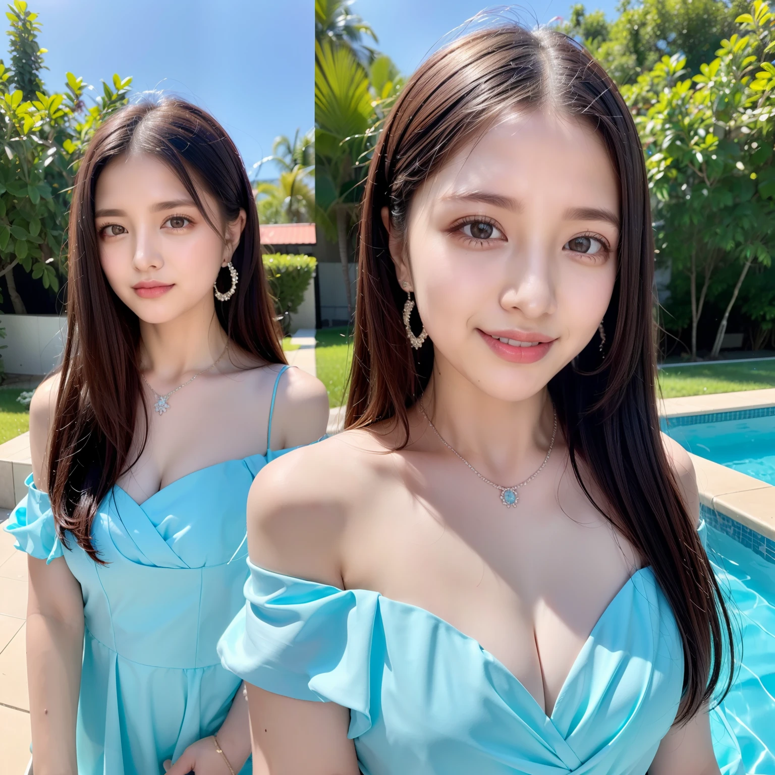 ((of the highest quality, 8K, masutepiece: 1.3, Raw photo)), Sharp Focus: 1.2, (1 AESPA Girl :1.1), (Solo: 1.2), (Realistic, Photorealistic: 1.37), (Face Focus: 1.1), Cute face, hyperdetailed face, Small breasts, flat chest, Short messy hair, Small Smile, full , (Off-the-shoulder chiffon dress: 1.4), Pool side, flower, Iris