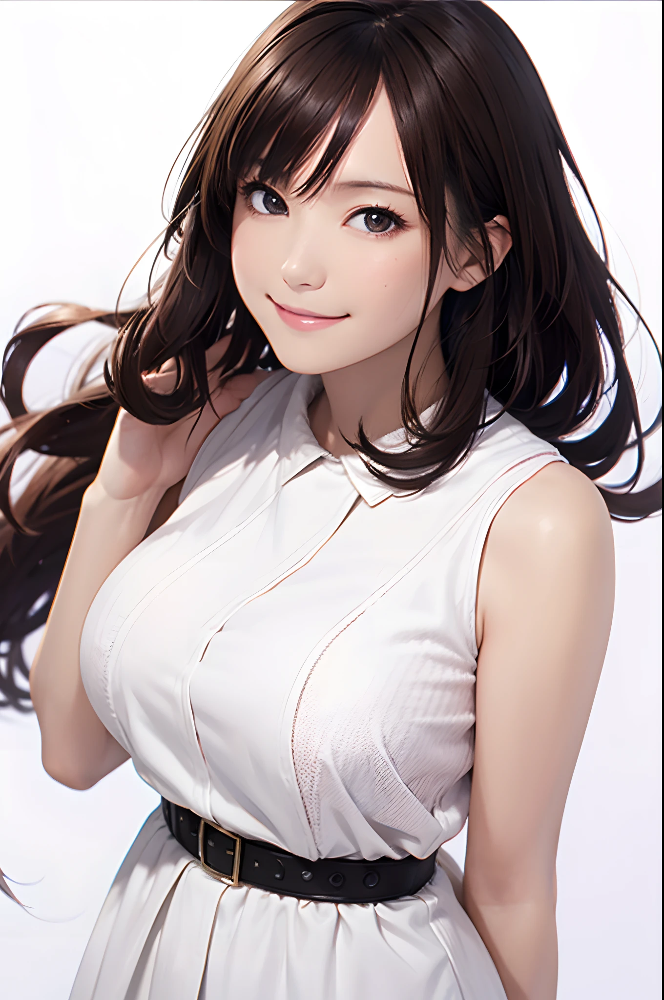 (masutepiece: 1.3), (max resolution: 1.2), (Ultra HDTV: 1.2), cinematric light, Ultra HDTV, (Detailed eyes and skin), (detailed facial features), nffsw, 8K resolution, Sharp Focus: 1.2, Beautiful face, acurate, Highly detailed face and skin texture, Detailed eyes, Brown eyes, Big Breast, Wearing a white dress, Smile Face, no background, white background, (Sleeveless), Smile Face, pov, Belt around the waist