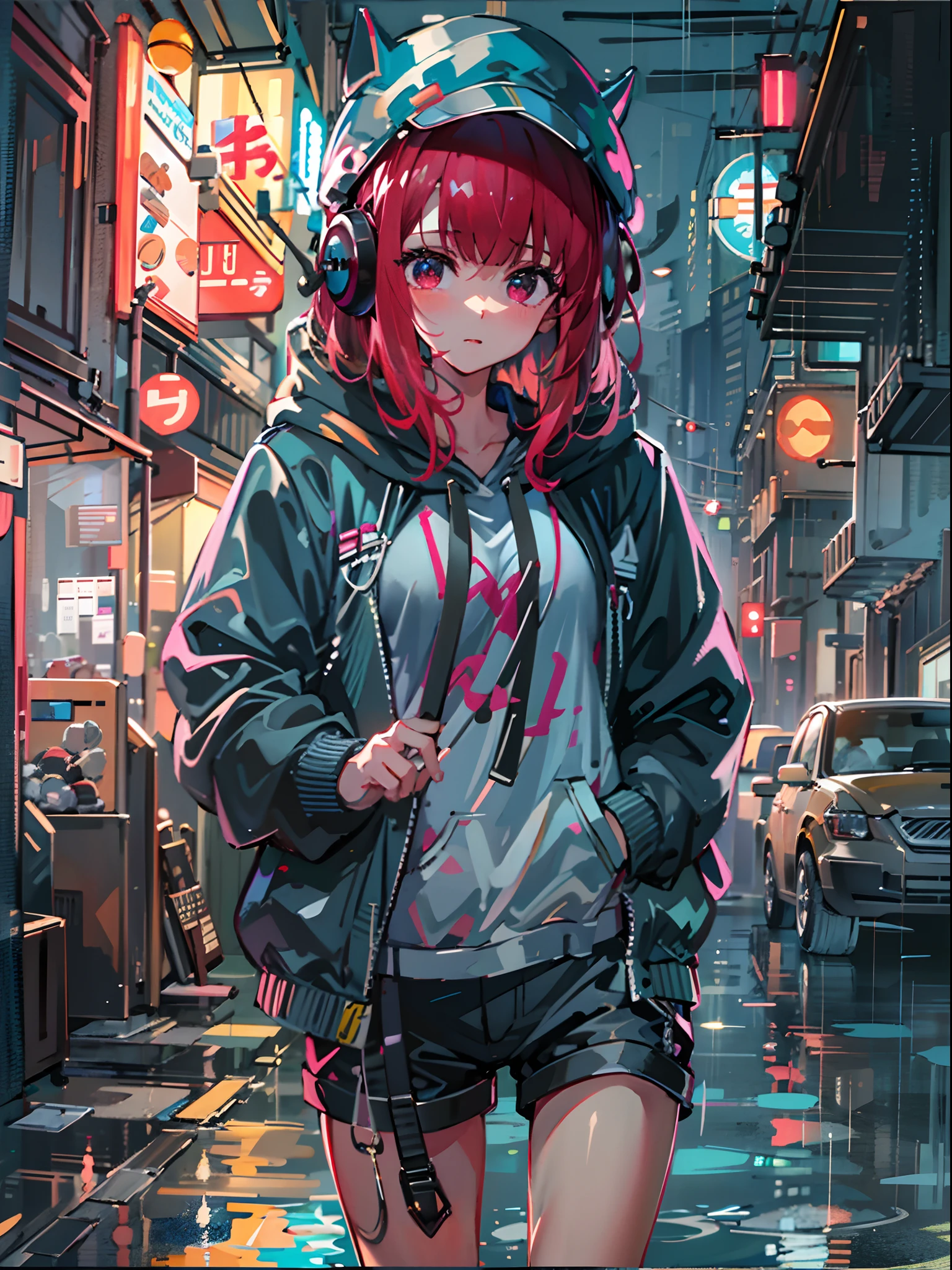 8K分辨率、((top-quality))、((masterpiece))、((ultra-detailliert))、1 woman、独奏、incredibly absurdness、Oversized hoodies、headphones、Street、plein air、Rain at night、neons、Shortcut Hair、Brightly colored eyes、Hands in pockets、shortpants、water dripping、red hairs、Bob Hair