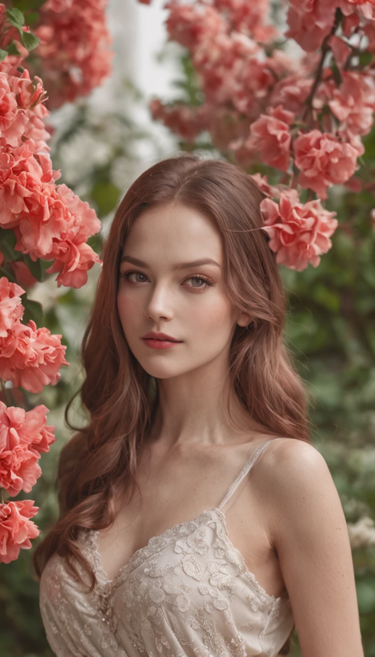 (a woman with stunning beauty, surrounded by vibrant flowers in a peaceful garden, her hair flowing in shades of light red, an exquisite composition capturing every detail, the highest quality, a breathtaking close-up of her flawless face)