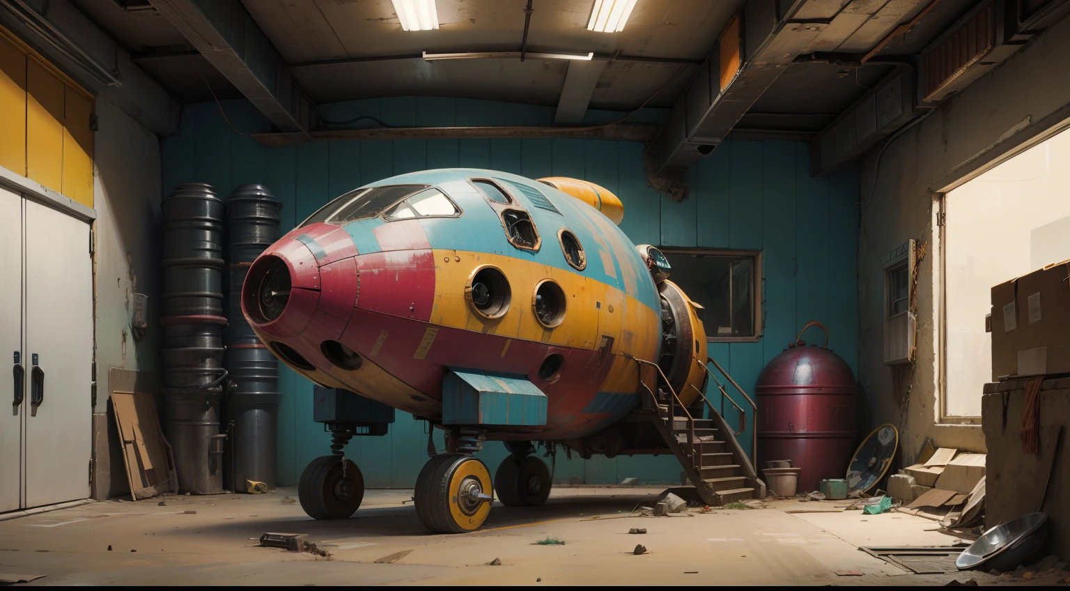 Spaceship in unique and colorful construction in garage with scrap parts around