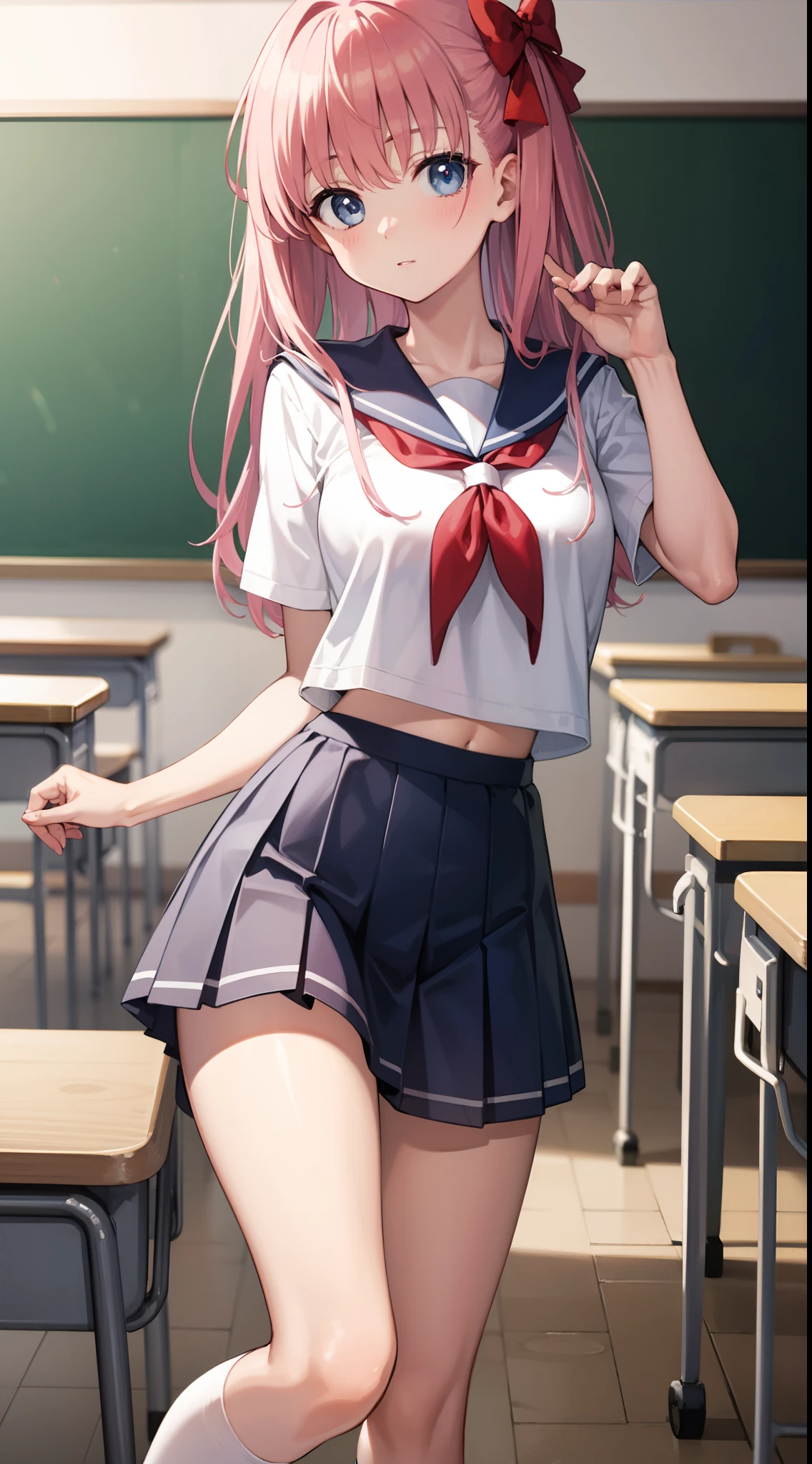 nodokaharamura, nodoka haramura, blue eyes, hair bow, long hair, pink hair, bow,
BREAK blue skirt, kiyosumi school uniform, pleated skirt, school uniform, serafuku, skirt,
BREAK looking at viewer,
BREAK indoors, classroom,
BREAK (masterpiece:1.2), best quality, high resolution, unity 8k wallpaper, (illustration:0.8), (beautiful detailed eyes:1.6), extremely detailed face, perfect lighting, extremely detailed CG, (perfect hands, perfect anatomy),