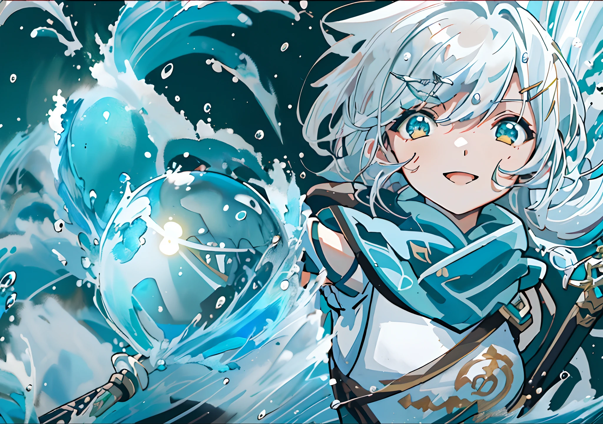 White-haired anime girl,(((Water balloon in one hand))) , a sorceress casting a ice ball, Splash art anime , Anime girl walking on water, with ice powers, Epic anime style, High quality anime art style, ice spell, anime style character, made with anime painter studio, Anime moe art style, Kantai collection style, from girls frontline,(Yushui),(water),(Brown horn),((green scarf)),(((White hair))),Short hair,ahoge,(french braid),(Green hairpins),((Golden eyes)),Smile