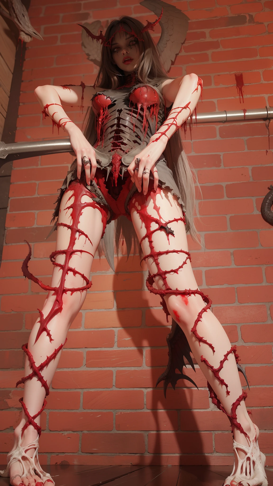 Fine matte painting, skeleton dark angel big wings haunted castle on drawing table full of knives, horror, spookiness, scary, secret horror, tentacles, vines, eyes, uncanny valley effect teeth, limbs, animals, blood moon，