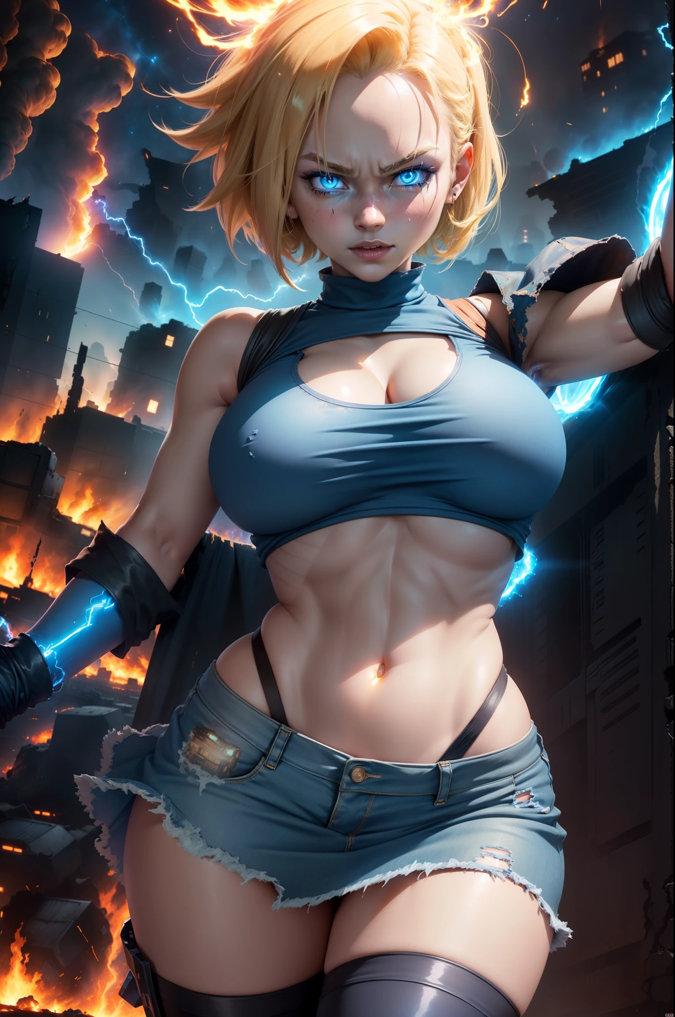 UHD Wallpaper, 8k, super cute Android 18 from DragonBall Z. Wearing black tank top and a denim skirt, unbuttoned skirt, fishnet stockings, (glowing blue energy in hand:1.4). (Very detailed body, face and eyes:1.2), (burning and destroyed city in the background:1.4), (enormous breasts), puffy nipples