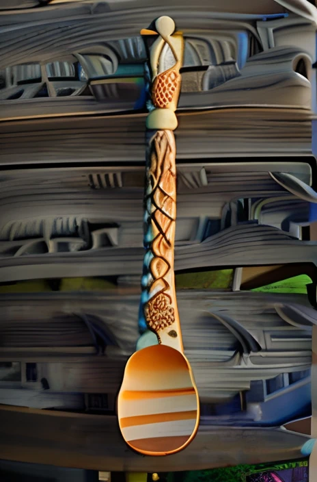 um close up de uma colher de pau , esculpido, madeira esculpida, escultura em madeira, escultura em madeira profissional, Escultura, escultura em madeira detalhada, com madeira detalhada, intrincada escultura em madeira, intrinsecamente esculpido, colher, esculpido em madeira, esculpido, madeira esculpida intrincada, colher colocada, arte em madeira, escultura intrincada, hand-carved, magic spoon, colhe de madeira cintilante, magic spoon filled with magic