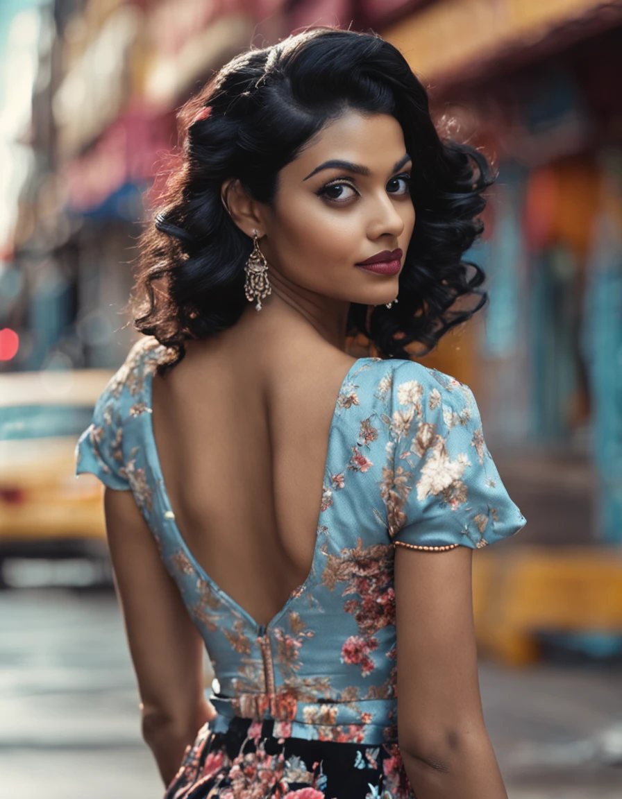 panoramic long shot of a beautiful south asian girl, looking at the viewer in a playful gaze, dynamic pose, old classic , wavy black hair, 50s pin up style, intricate, detailed, DSLR camera , 8K UHD, deep blacks, post processing, nubian nose, protruding teeth, prominent tight breast