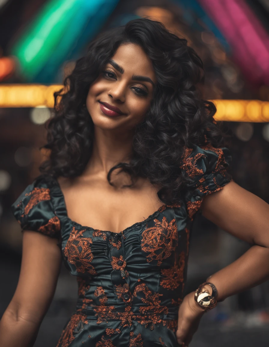 panoramic long shot of a beautiful south asian girl, looking at the viewer in a playful gaze, dynamic pose, old classic , wavy black hair, 50s pin up style, intricate, detailed, DSLR camera , 8K UHD, deep blacks, post processing, nubian nose, protruding teeth, prominent tight breast