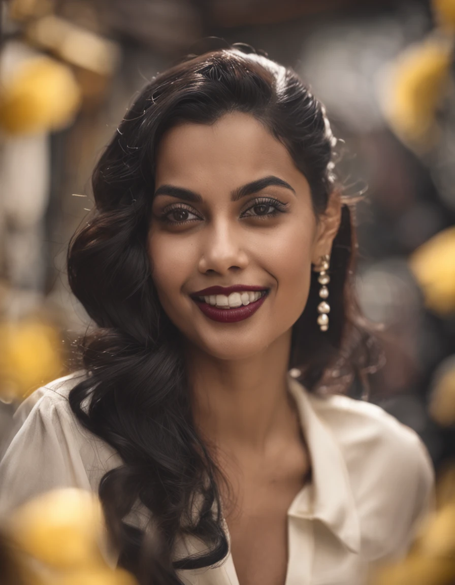 panoramic long shot of a beautiful south asian girl, looking at the viewer in a playful gaze, dynamic pose, old classic , wavy black hair, 50s pin up style, intricate, detailed, DSLR camera , 8K UHD, deep blacks, post processing, nubian nose, protruding teeth, prominent tight breast