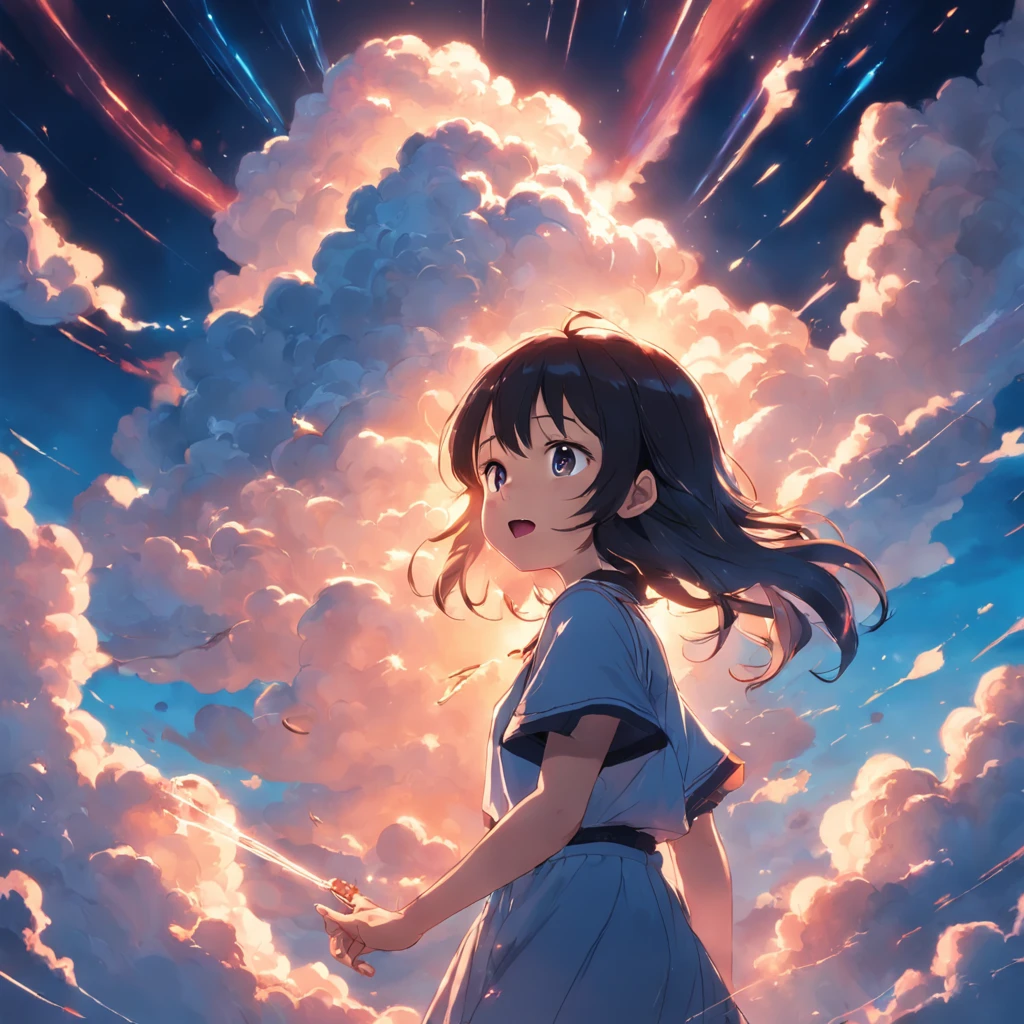 masterpiece, best quality, movie still, 1girl, cloud girl, floating in the sky, close-up, bright, happy, warm soft lighting, sunset, (sparks:0.7)