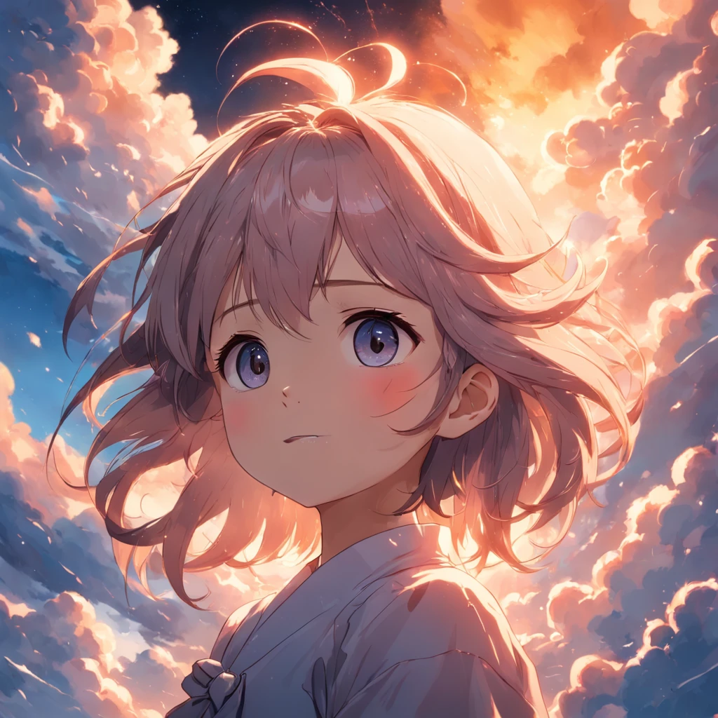 masterpiece, best quality, movie still, 1girl, cloud girl, floating in the sky, close-up, bright, happy, warm soft lighting, sunset, (sparks:0.7)