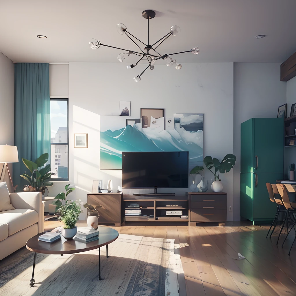 ultra realistic photo, Interior photo, corona render, canon ts-e, living room, modern style, without window, TV wall, island kitchen, dining room, at 16:00 pm, minimal furniture, color rgb(220, 53, 34), rgb(55, 65, 64) --auto --s2