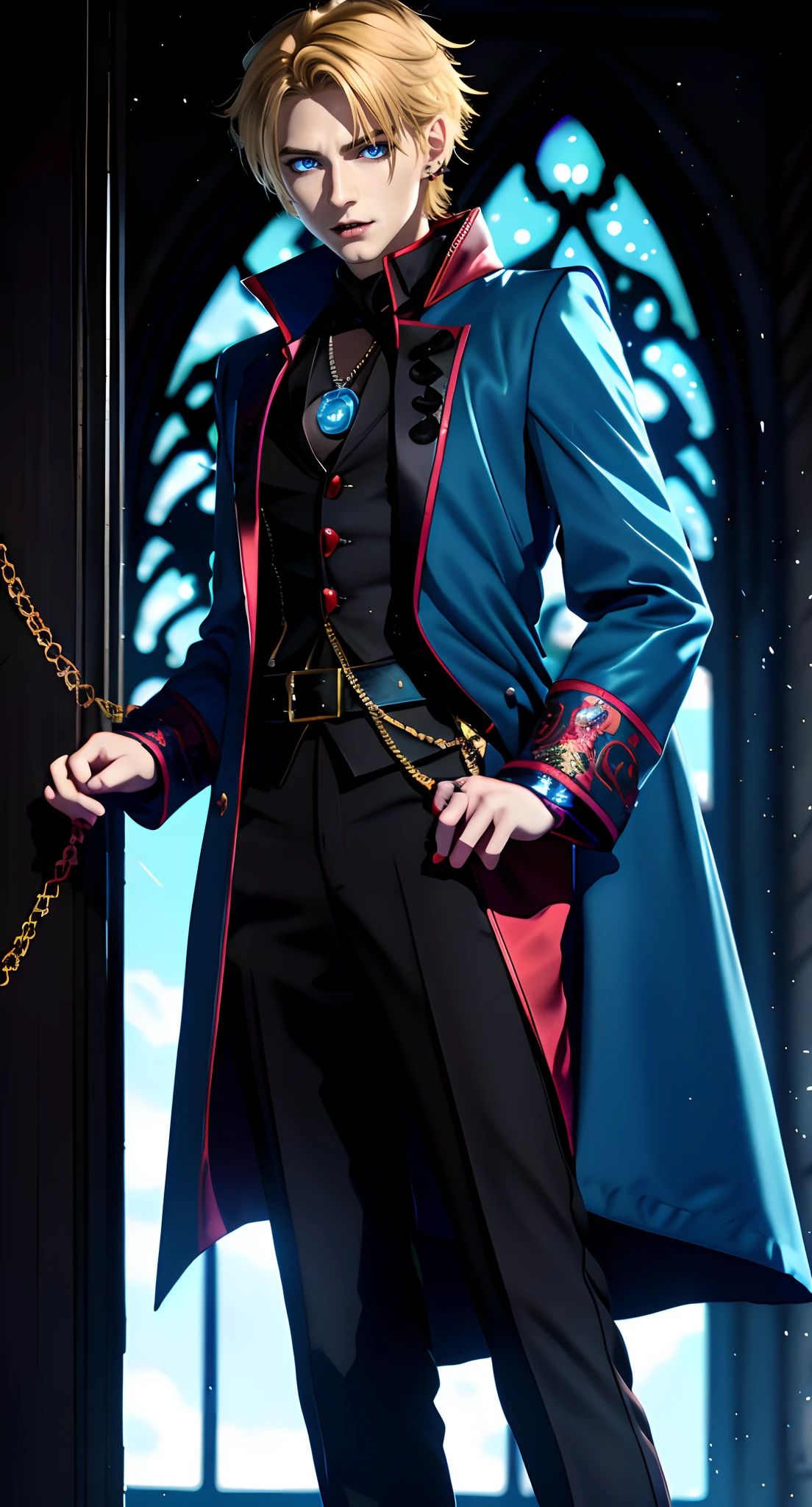 masterpiece, top-quality, 2Others, 1male people,, Adults, Height difference, different color, finely eye and detailed face, intricate detailes, Black Wizarding World Costume, The Magical World of Darkness, A smile, Unhappy, solitude, youthfulness, high-level image quality、 beautiful man、tall、Diabolical, villainess, window、𝓡𝓸𝓶𝓪𝓷𝓽𝓲𝓬、British men, Idol Photos, k pop, Professional Photos, ((Vampire Man)), Fedoman with necklace, inspired by Sim Sa-jeong, androgynous vampire, :9 detailed face: 8, extra detailed face, detailed punk hair, ((Light blue eyes)) baggy eyes, Seductive. Highly detailed, semi realistic anime, Vampires, hyperrealistic teen, delicate androgynous prince, imvu, short hair above the ears, Man with short hair, Smiling, Gentle expression, ((British man with short blonde hair and light blue eyes)),