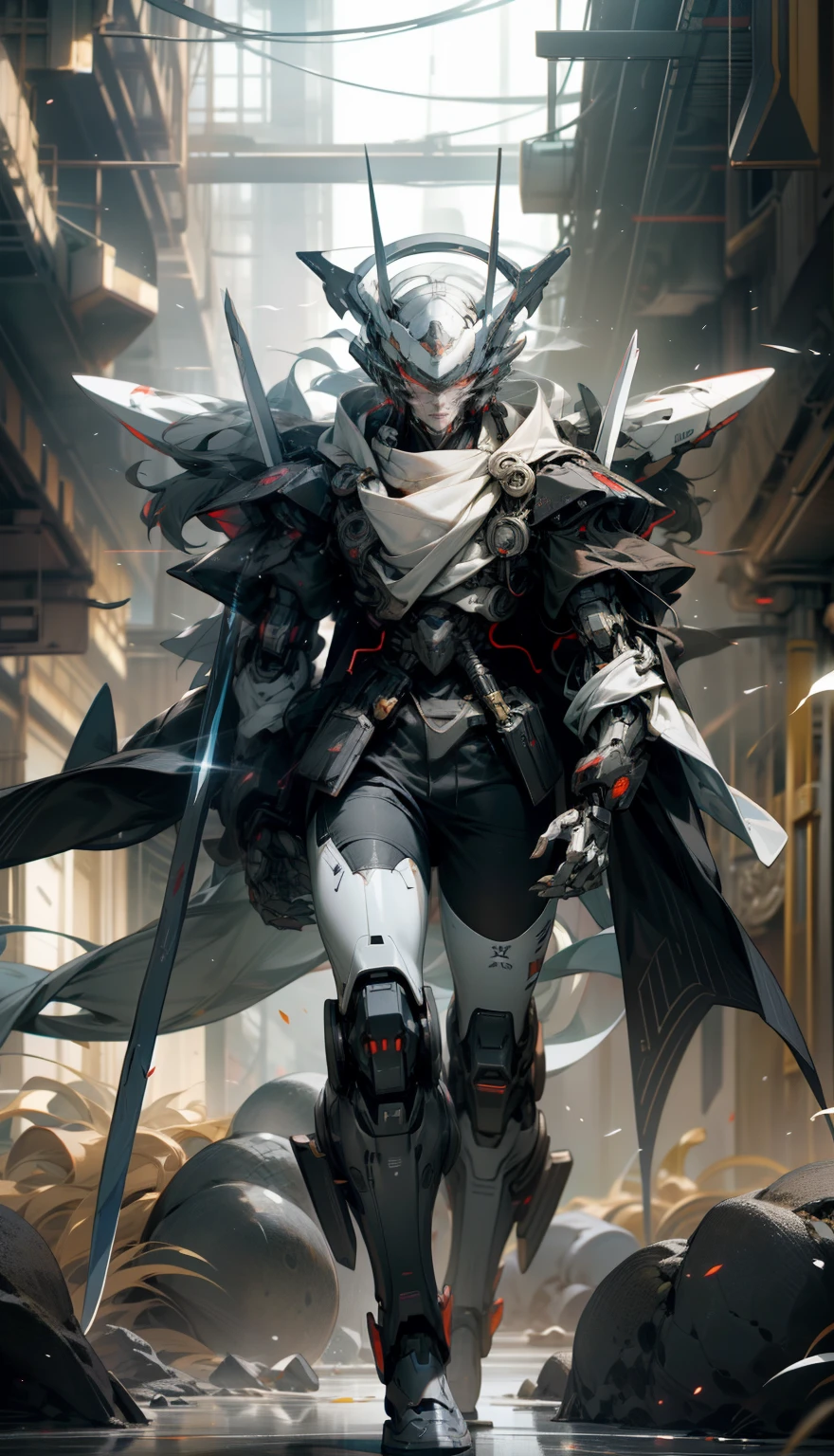 Tall mech，Silver-white body，Black and white，Use the plasma sword，There is a dragon particle effect，Yin and Yang gossip，Formation，mechanical sense，sense of strength，Sense of space，combats，cyber punk perssonage，Human body modification，Structurally sound，Battle instant，high-quality face，4K，High quality，Masterpieces