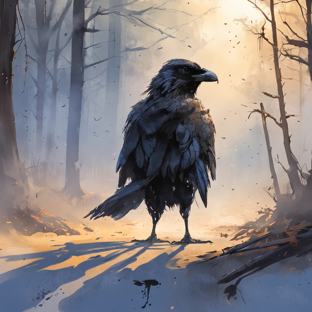 Two crows on a dead tree, A shadow shaped like a walker, Starry night, Thick fog on the ground, Blue light on the horizon, Unreal Engine 5, Cinematic, low angle photography, Motion blur, Depth of field, Dust, Cobblestones and dirt. Splash Art, dripping paint. Perfect color grading. Influenced by Karel Appel and Jeremy Mann, Full of dramatic and threatening scenes, Hyper-detailed, Beautiful, insanely details, Intricate details, editorial photography, shot with a 50mm lens, Depth of field, Tilt Blur, Shutter speed 1/1000, f/22. Lightmaps, Super bright