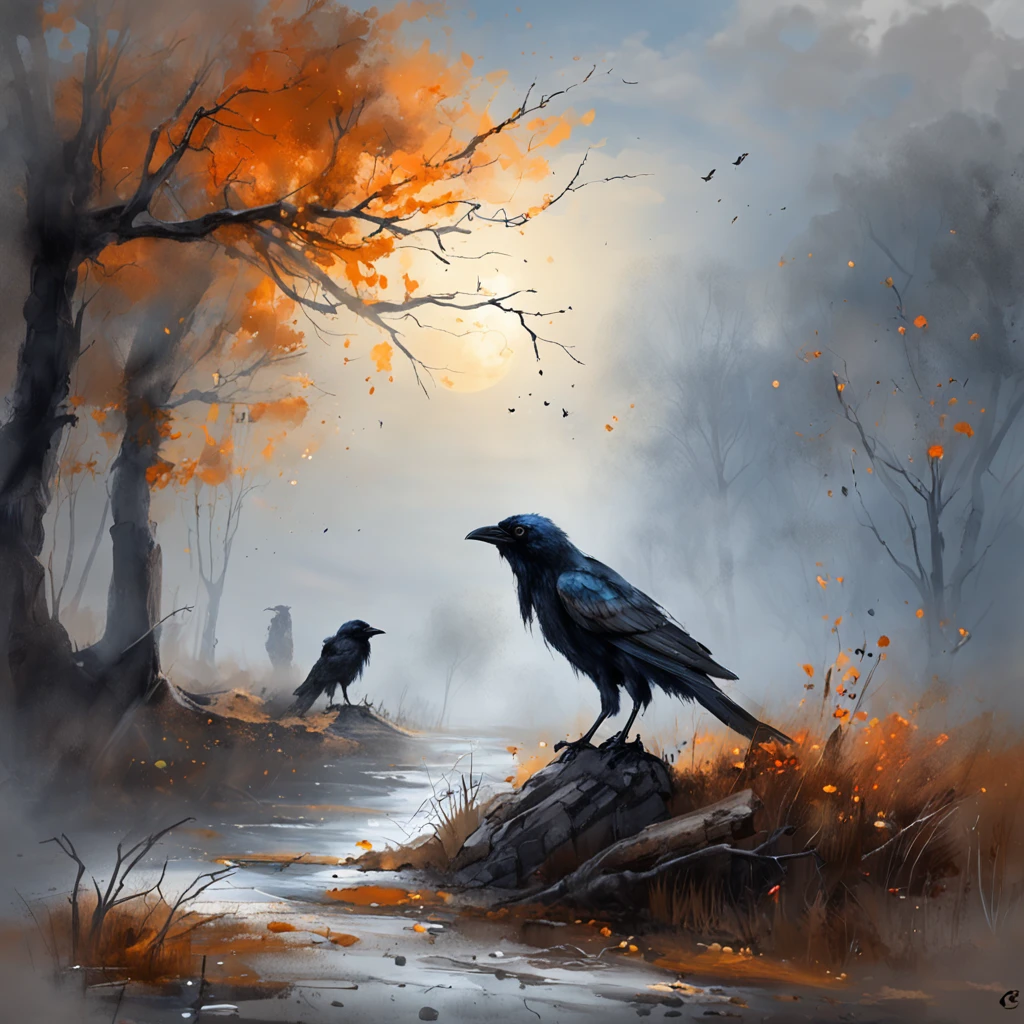 Two crows on a dead tree, A shadow shaped like a walker, Starry night, Thick fog on the ground, Blue light on the horizon, Unreal Engine 5, Cinematic, low angle photography, Motion blur, Depth of field, Dust, Cobblestones and dirt. Splash Art, dripping paint. Perfect color grading. Influenced by Karel Appel and Jeremy Mann, Full of dramatic and threatening scenes, Hyper-detailed, Beautiful, insanely details, Intricate details, editorial photography, shot with a 50mm lens, Depth of field, Tilt Blur, Shutter speed 1/1000, f/22. Lightmaps, Super bright
