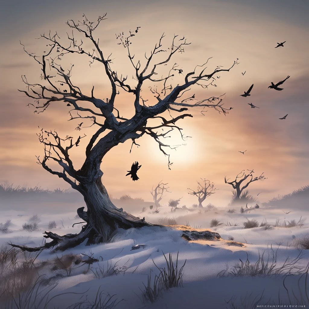 Two crows on a dead tree, A shadow shaped like a walker, Starry night, Thick fog on the ground, Blue light on the horizon, Unreal Engine 5, Cinematic, low angle photography, Motion blur, Depth of field, Dust, Cobblestones and dirt. Splash Art, dripping paint. Perfect color grading. Influenced by Karel Appel and Jeremy Mann, Full of dramatic and threatening scenes, Hyper-detailed, Beautiful, insanely details, Intricate details, editorial photography, shot with a 50mm lens, Depth of field, Tilt Blur, Shutter speed 1/1000, f/22. Lightmaps, Super bright