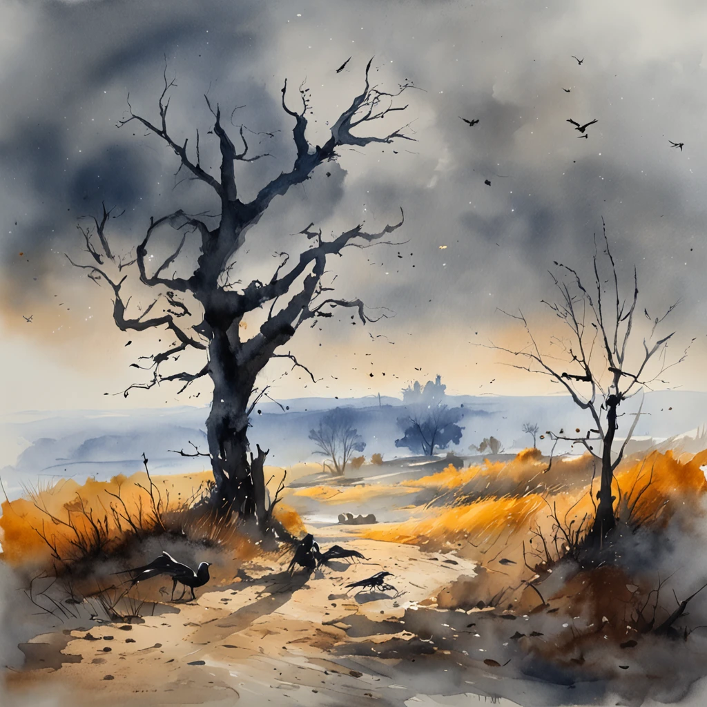 Two crows on a dead tree, A shadow shaped like a walker, Starry night, Thick fog on the ground, Blue light on the horizon, Unreal Engine 5, Cinematic, low angle photography, Motion blur, Depth of field, Dust, Cobblestones and dirt. Splash Art, dripping paint. Perfect color grading. Influenced by Karel Appel and Jeremy Mann, Full of dramatic and threatening scenes, Hyper-detailed, Beautiful, insanely details, Intricate details, editorial photography, shot with a 50mm lens, Depth of field, Tilt Blur, Shutter speed 1/1000, f/22. Lightmaps, Super bright