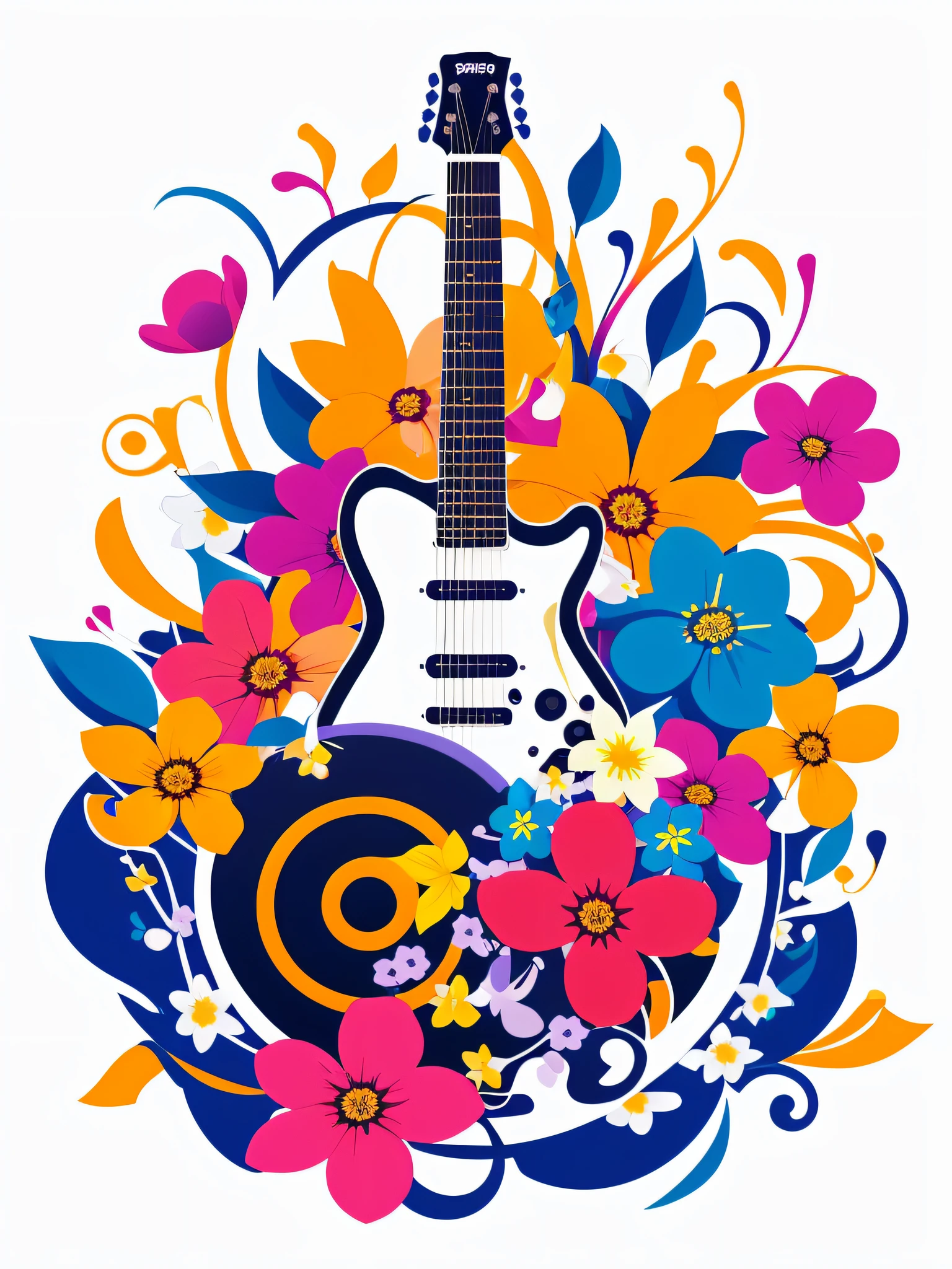 vector image of t-shirt print, guitar with several flowers of different colors around creating harmony and mixing colors, with other smaller flowers around, white background image, vivid colors