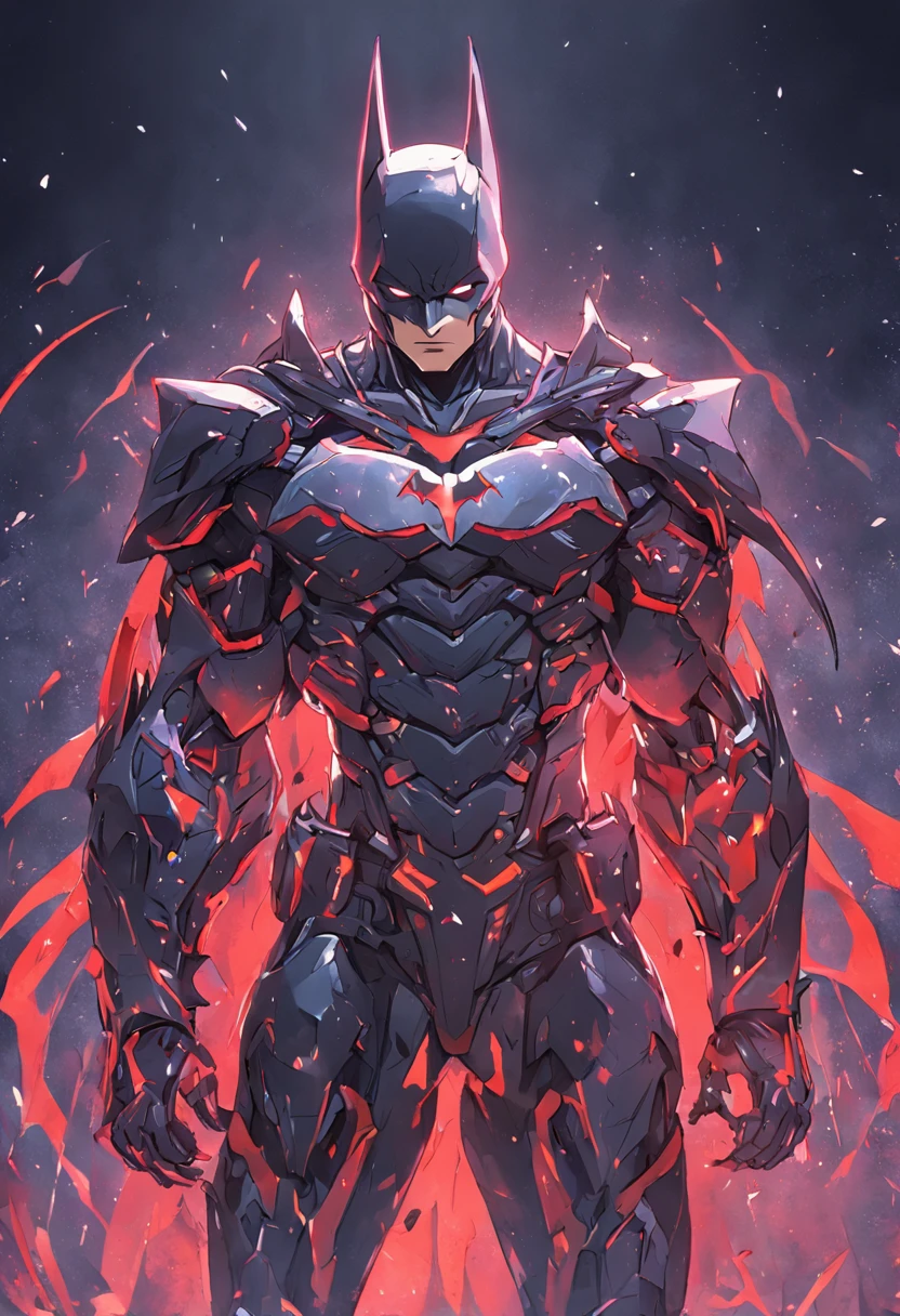 a Batman in cybernetic armor, ultra detalhado, cor vermelho . ::n_ desenho, Imperfection, baixa qualidade, boneco, jogo, anime, assinatura