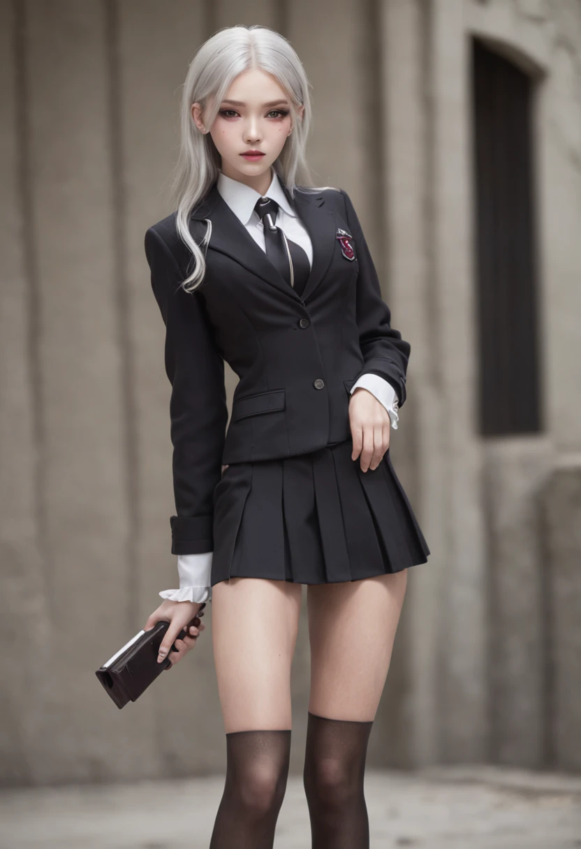 Realistic, 1girll, ((full bodyesbian)), Sexy,Pretty face, White hair, Purple eyes,Sexy legs,(school uniform), Black high heels,black school uniform, (Black skirt), parted lip, Blush, Night, possessed, 耳Nipple Ring,