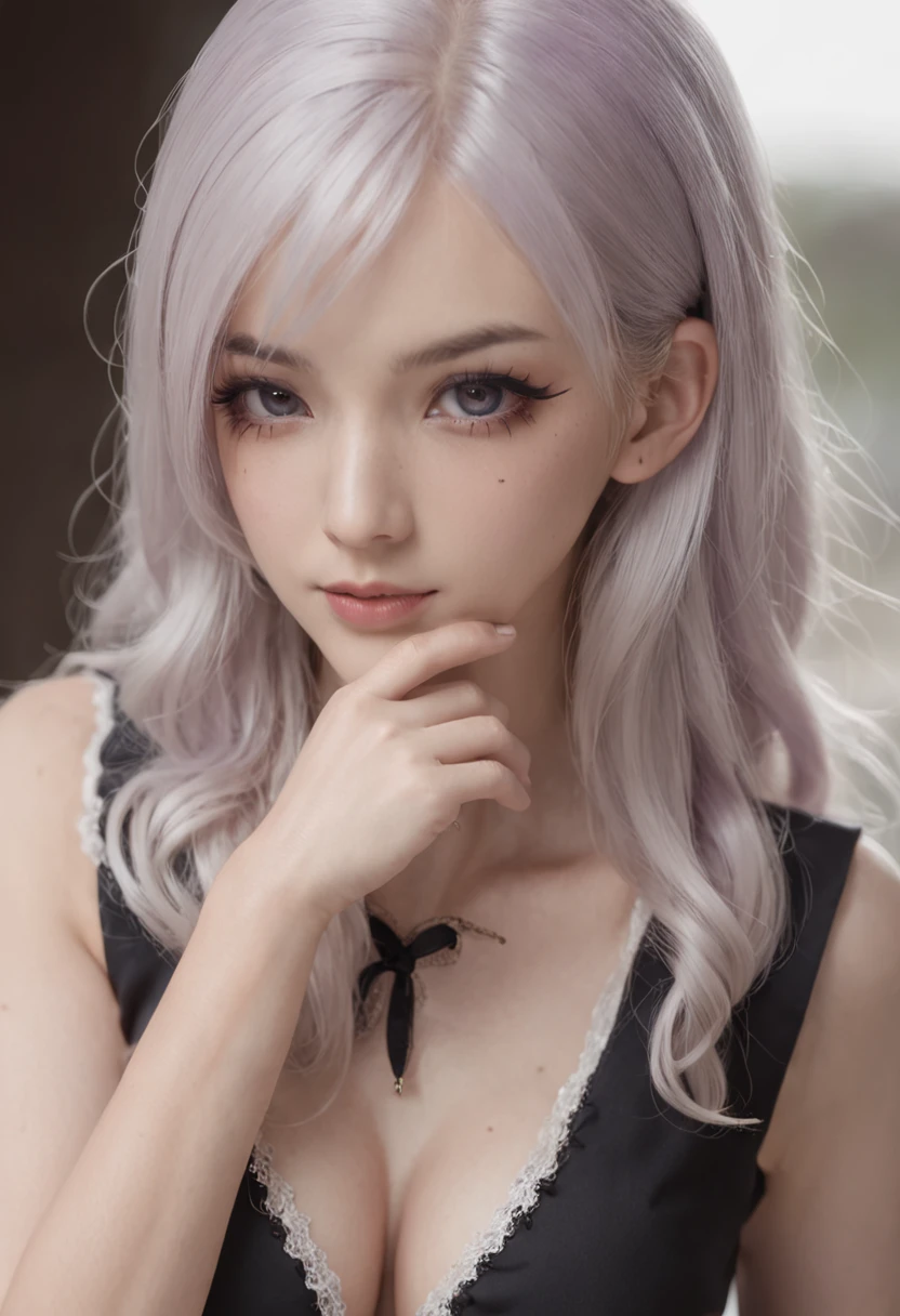 Realistic, 1girll, ((full bodyesbian)), Sexy,Pretty face, White hair, Purple eyes,Sexy legs,(school uniform), Black high heels,black school uniform, (Black skirt), parted lip, Blush, Night, possessed, 耳Nipple Ring,