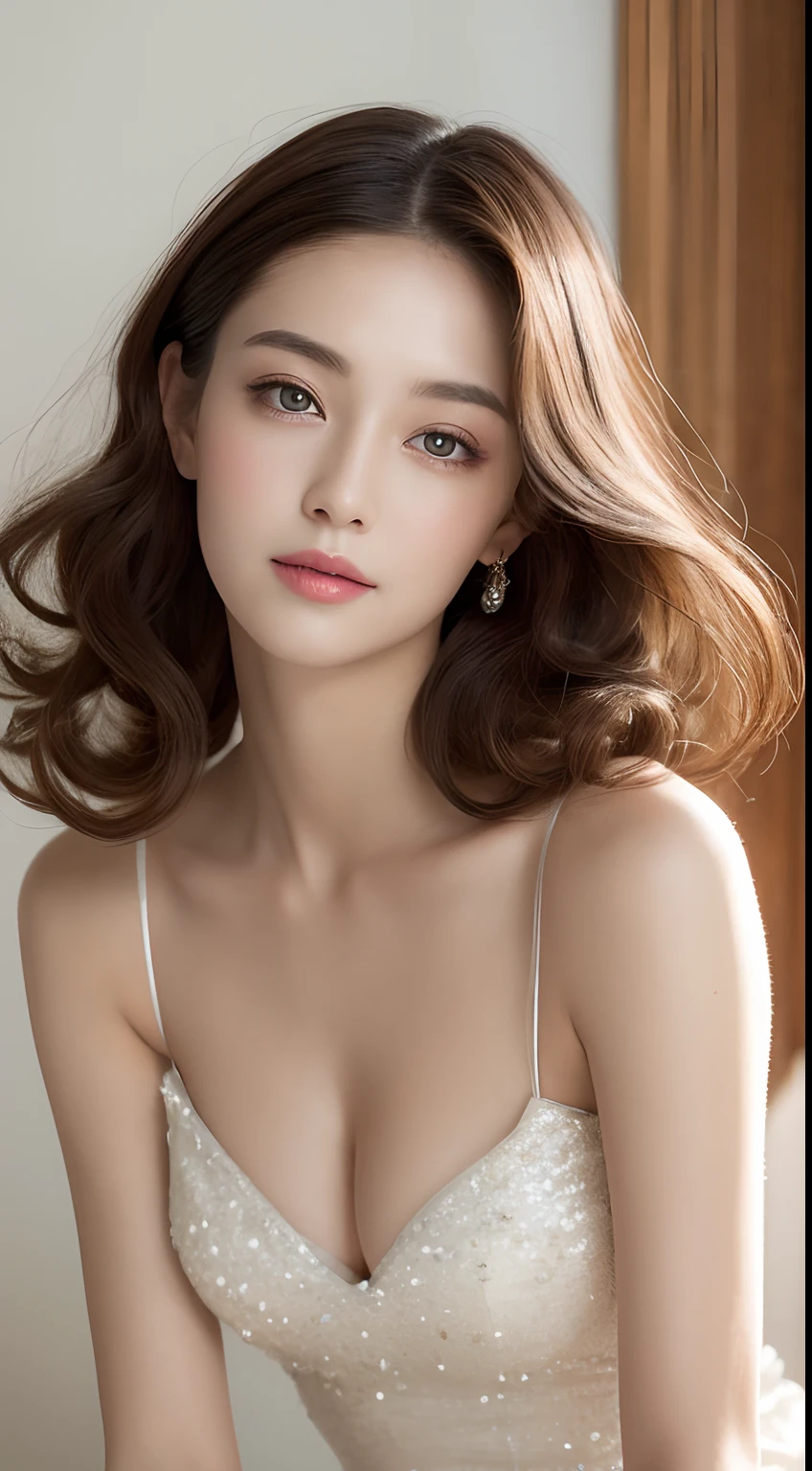 ((Best Quality, 8K, masutepiece: 1.3)), 1girl in, Slim Abs Beauty: 1.3, (Hairstyle Casual, Big breasts: 1.2), Dress: 1.1, Super fine face, Delicate eyes, Double eyelids, Smile, Ere is a woman in a dress sitting on a bed, ethereal fairy tale, ethereal fantasy, fantasy photoshoot, beautiful and elegant elf queen, ethereal beauty, of ethereal fantasy, ethereal and dreamy, a beautiful fantasy empress, ((a beautiful fantasy empress)), Fantasy, a stunning young ethereal figure, Ethereal!!!!!!!, beautiful adult fairy queen, dreamy and ethereal, cg unity (extremley) Wallpapers in 8K Details, masutepiece, Best Quality:1.2), high detailing, Top image quality, Surreal, lipsticks, matchless beauty, Long hair (Pink) Curly hair, Exquisite and perfect facial features, Be red in the face, medium breasts, cleavage, Sexy body, Stunning figure of the body, Perfect Body Beauty, Full body, Stylish, Slim waist, Bare shoulder, Highly detailed facial and skin structure, Harmonious facial details, Fair skin, Big eyes, Gray eyeballs, sparkly eyes, soulful eyes, Pretty eyes, 二重まぶた, Get closer to your audience, Camera Angle, Dynamic Angle