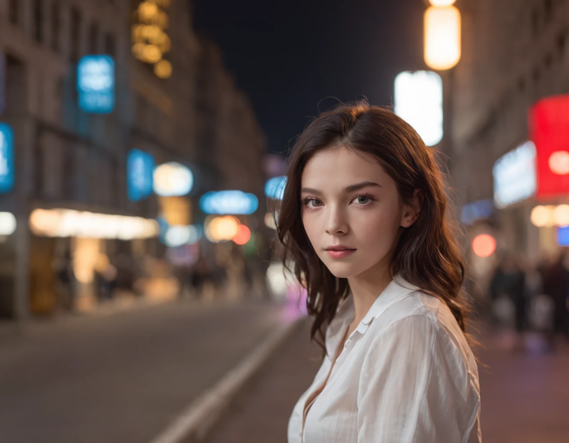 A striking portrait of a girl in a white shirt and blue pants. Her eyes are filled with curiosity, reflecting her inquisitive nature. Place her in a bustling urban environment, with city lights illuminating the night. The contrast between her innocence and the urban chaos is captivating. Photo taken by Annie Leibovitz with a Canon EOS 5D Mark IV and a 50mm f/1.8 lens. Utilize neon city lights for a dramatic cinematic effect. 8K, Ultra-HD, Super-Resolution