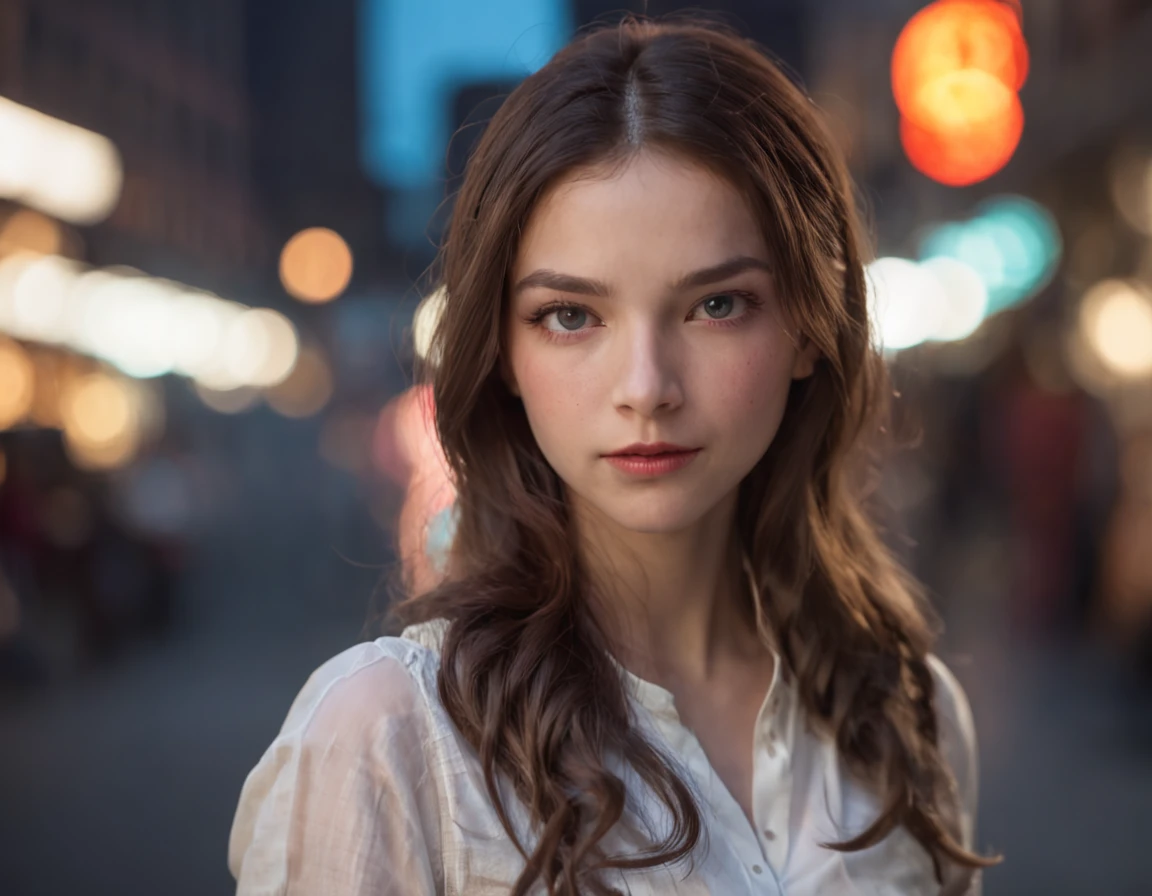 A striking portrait of a girl in a white shirt and blue pants. Her eyes are filled with curiosity, reflecting her inquisitive nature. Place her in a bustling urban environment, with city lights illuminating the night. The contrast between her innocence and the urban chaos is captivating. Photo taken by Annie Leibovitz with a Canon EOS 5D Mark IV and a 50mm f/1.8 lens. Utilize neon city lights for a dramatic cinematic effect. 8K, Ultra-HD, Super-Resolution