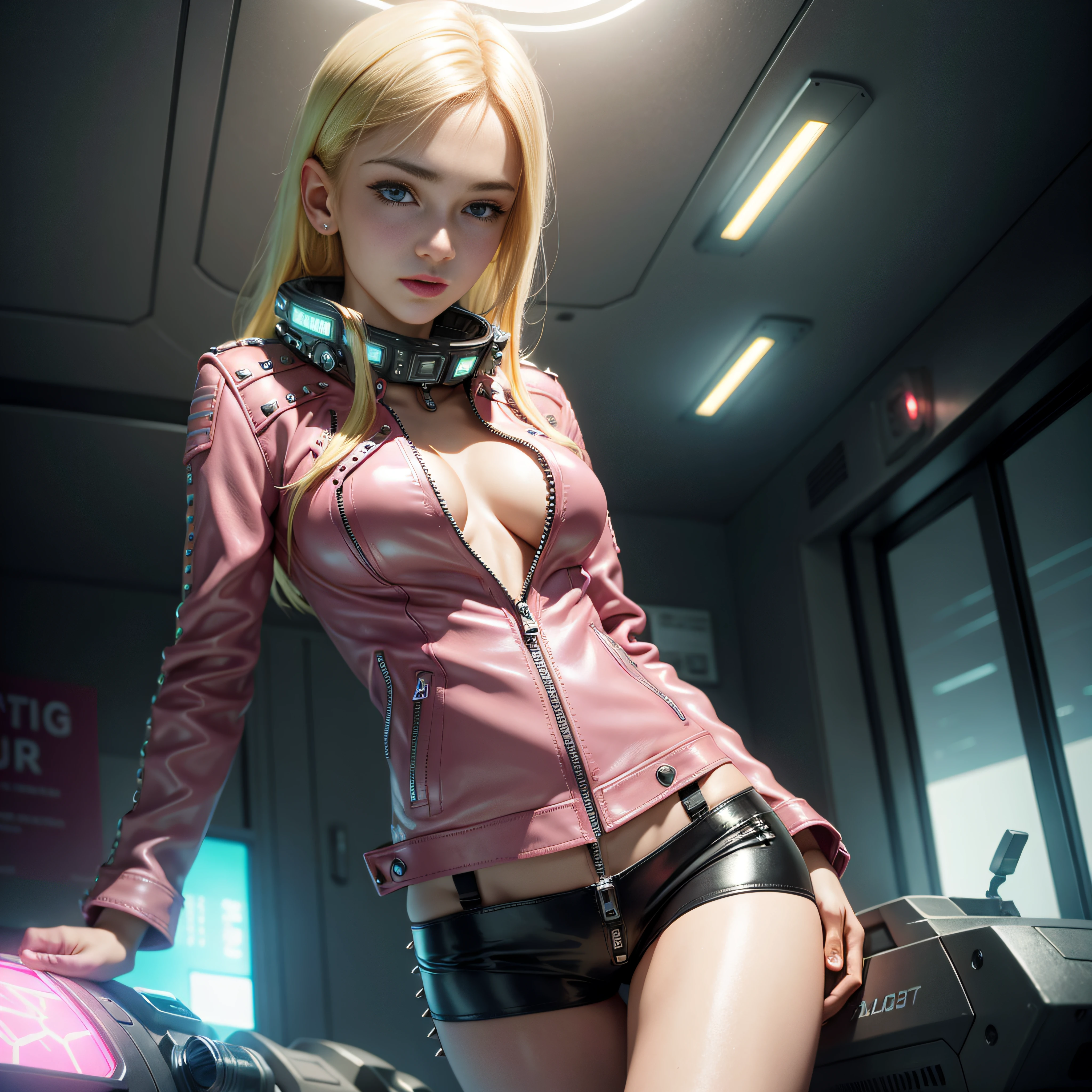 Simpatic German woman (pink Leather Jacket With Rivets:1.3), cyan bra, yellow hair, zippers, (open zipper:1.1), (erotic:1.2), (sexy:1.3), (spaceship:1.5), small command room, (glowing neon lights:1.3), floating water and drops all over the place, best quality, raw, masterpiece, super fine photo, best quality, super high resolution, photorealistic realism, sunlight, full-body portrait, delicate face, vibrant eyes, detailed face, stars background, gorgeous, highly detailed skin, realistic skin details, visible pores, sharp focus, volumetric fog, high quality, photo realism, seen from below, translucent, voluptuous, sensual, lascivious, dominant, (sexual:1.3), sexy, romantic, high quality, film grain, Cinematic Light, sidelighting, Lens Flare, Ray tracing, detailed face, detailed complex stars background, realistic skin details, visible pores, sharp focus, volumetric fog, 8k uhd, DSLR camera, overexposed light