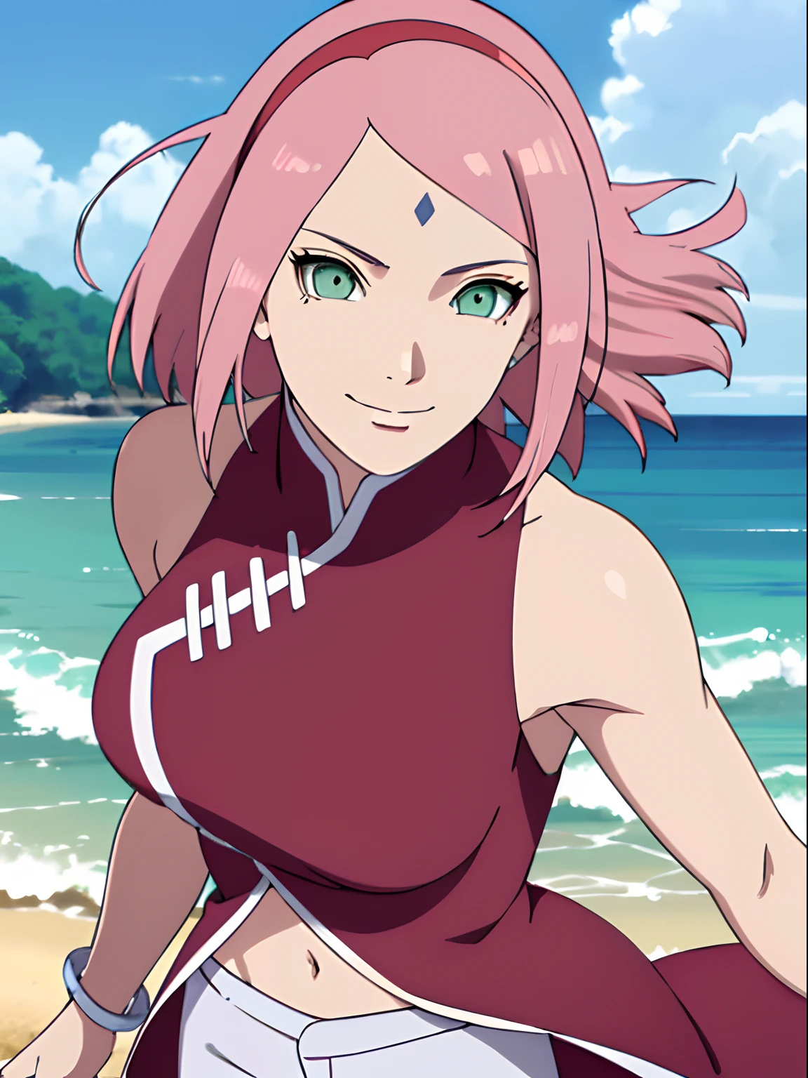 (masterpiece, 1k, portrait, face shot, professional artwork, detailed beach background, intricate details, colorful, digital blending, bold drawing lines), (ultra detailed body, ultra detail hair, ultra detail face), trending on pixiv, kind smile, very hot color, best quality, anime style: 1.9, 1girl, hires, haruno sakura, contrasty lighting, (forehead mark, milf, red hairband, pale skin, short hair, ((red sleeveless dress), white pants), navel, groin, bracelet, looking at viewer, crossed arms, pink hair, green eyes, smile, beach, wind, floating hair, detailed arms, off-shoulders, muscular arms, standing), sunnyday