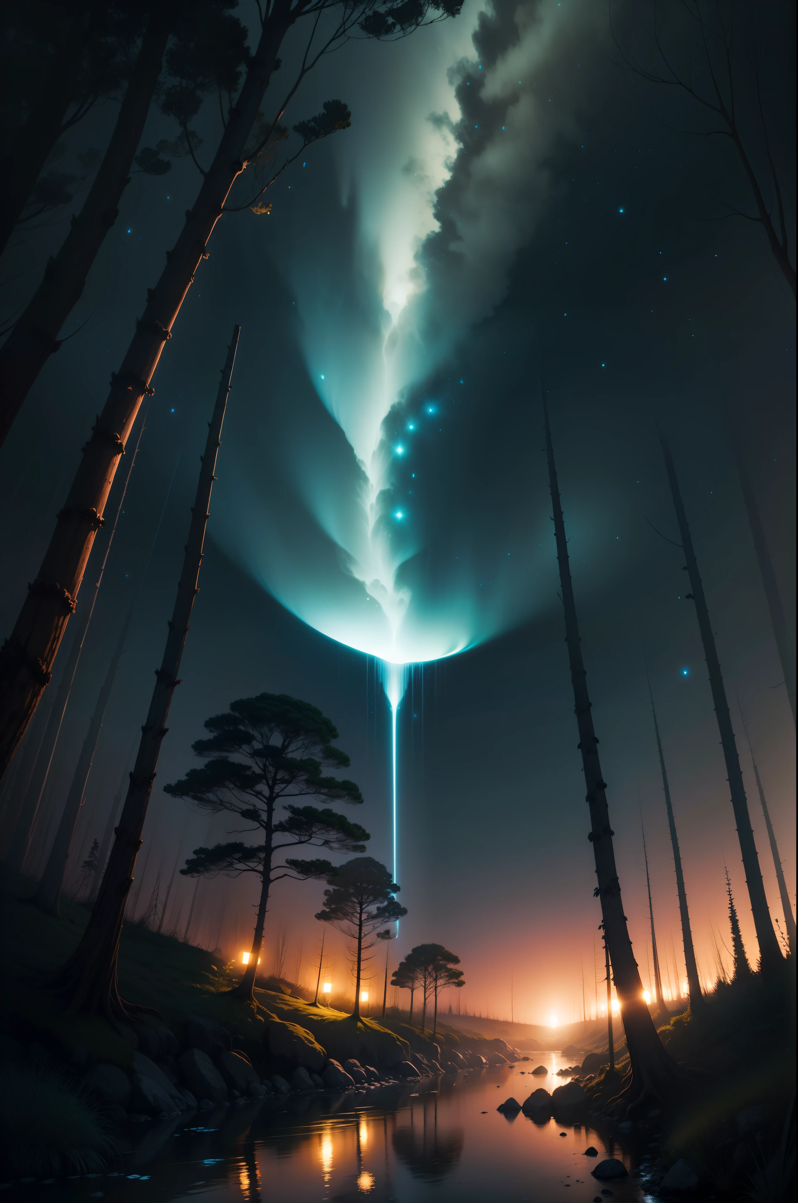 bioluminiscencia, flores, noche, cielo,bellas adas.bosque sublime