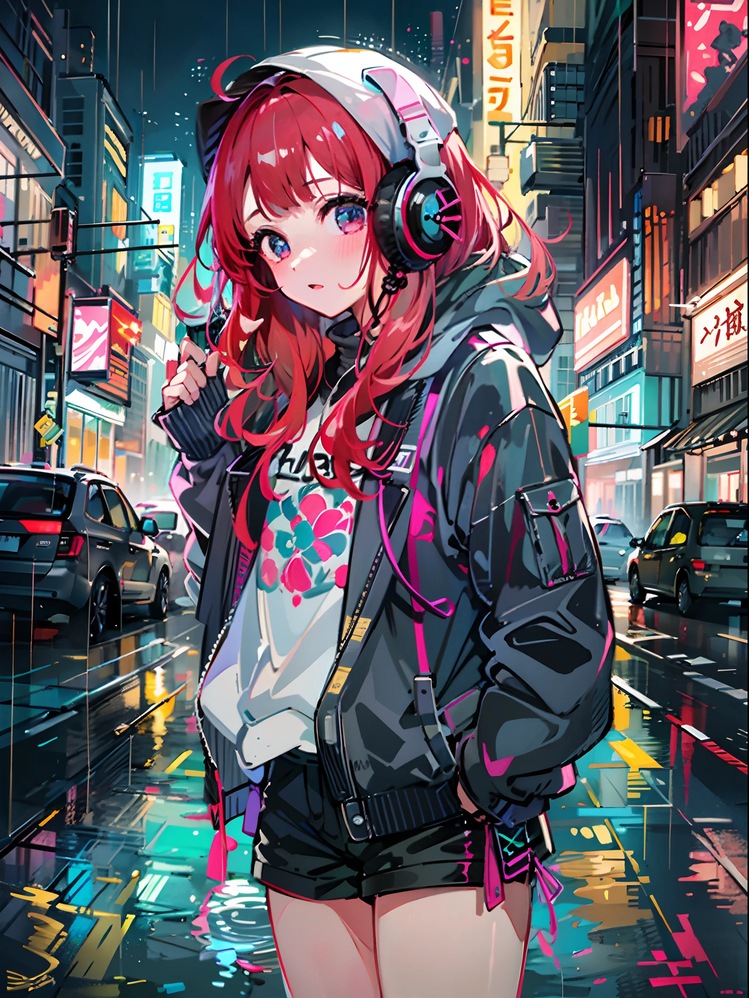8K分辨率、((top-quality))、((masterpiece))、((ultra-detailliert))、1 woman、独奏、incredibly absurdness、Oversized hoodies、headphones、Street、plein air、Rain at night、neons、Shortcut Hair、Brightly colored eyes、Hands in pockets、shortpants、water dripping、red hairs、Bob Hair