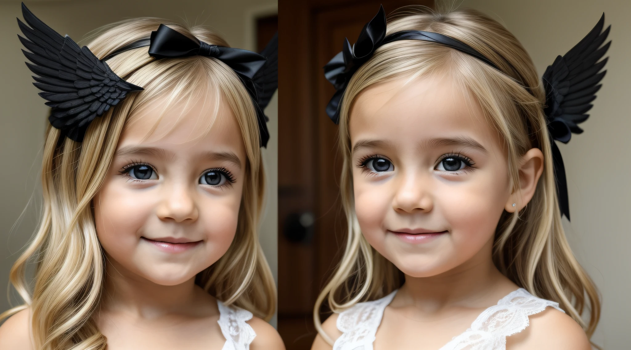 Blonde child girl with black wings and a black bow, com asas de anjo, de uma meninabonita, Anjo com asas pretas, menina do anstindo anjo, retrato bonito da menina do anjo, Um anjo da menina alada, possivelme anjo, menina com penas, usando halo o, anjo bonito, angelic face, anjo biblicamente acuado, asas de anjo preto