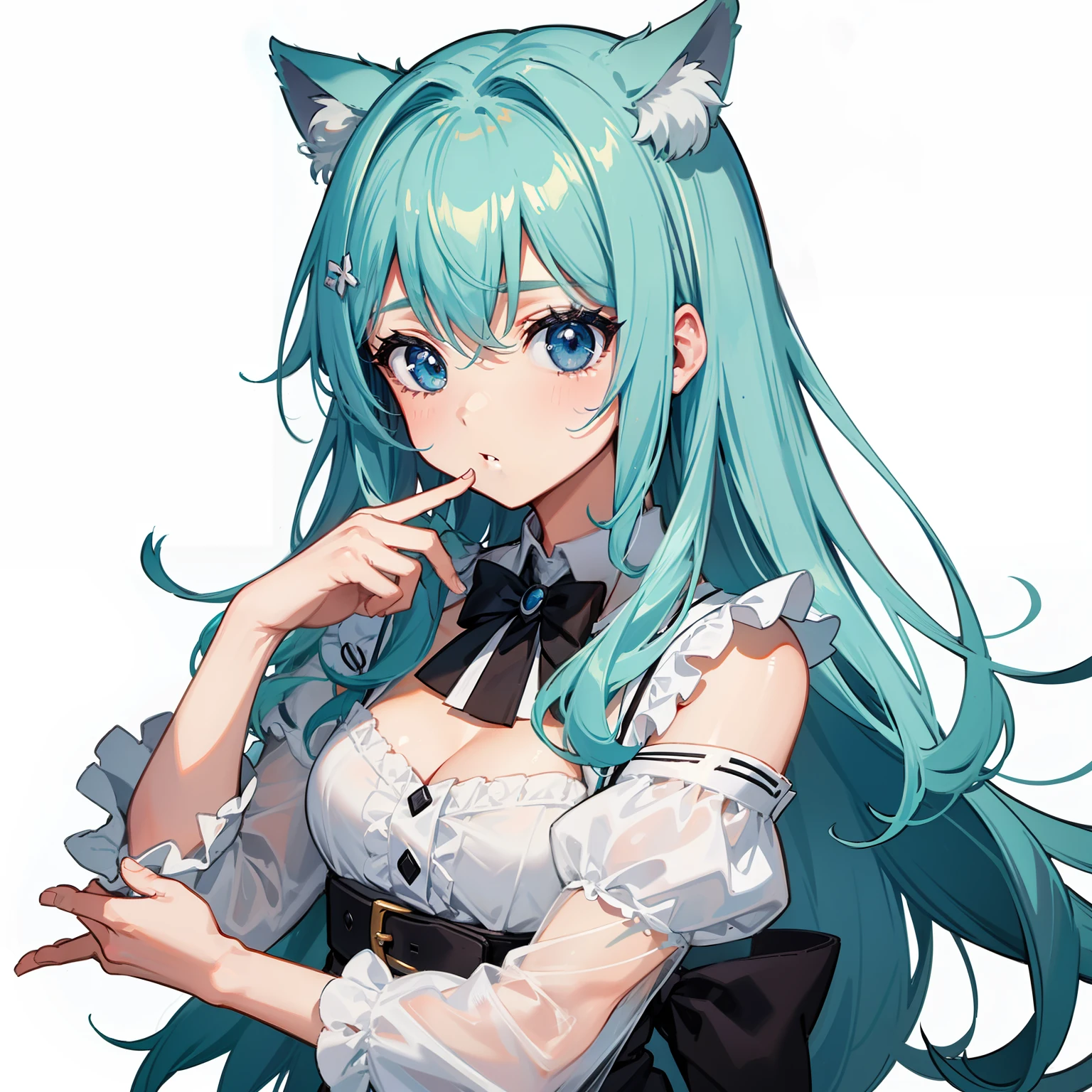 1 Girl, Medium Breasts, Dark Blue Hair, Half Her Hair Is Red, Two Tone Hair, Split Hair Color, Multi Color Hair, Cyan Highlights In Hair, Twintail Hair Style, Long Hair, Emerald Green Eyes, Pale Skin, Smooth Skin, Soft Features, Nice Lips, Nice Smile, Cute Face, White & Black Royal Dress, Cat Girl, Neko, Cat Ears, Cat Tail, , White & Black Gloves,