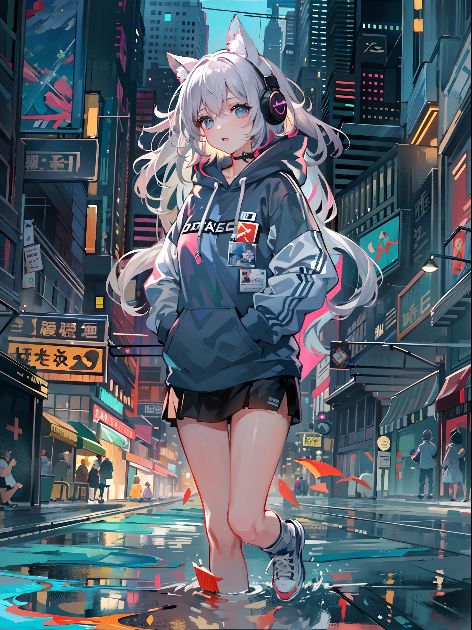 8K分辨率、((top-quality))、((masterpiece))、((ultra-detailliert))、1 woman、独奏、incredibly absurdness、Oversized hoodies、headphones、Street、plein air、Sateen、neons、Shortcut Hair、Brightly colored eyes、Hands in pockets、a miniskirt、water dripping