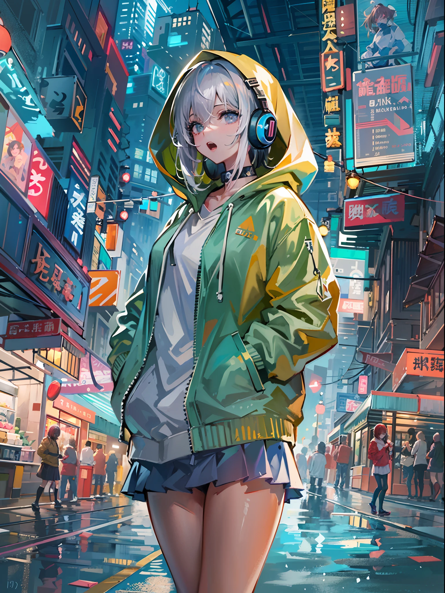 8K分辨率、((top-quality))、((​masterpiece))、((ultra-detailliert))、1 woman、独奏、incredibly absurdness、Oversized hoodies、headphones、Street、plein air、Sateen、neons、Shortcut Hair、Brightly colored eyes、Hands in pockets、a miniskirt、water dripping