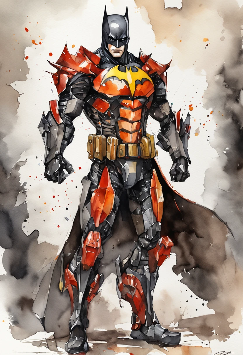 a Batman in cybernetic armor, Ultra Detalhado, cor vermelho . ::n_ desenho, Imperfection, baixa qualidade, boneco, Jogo, anime, assinatura