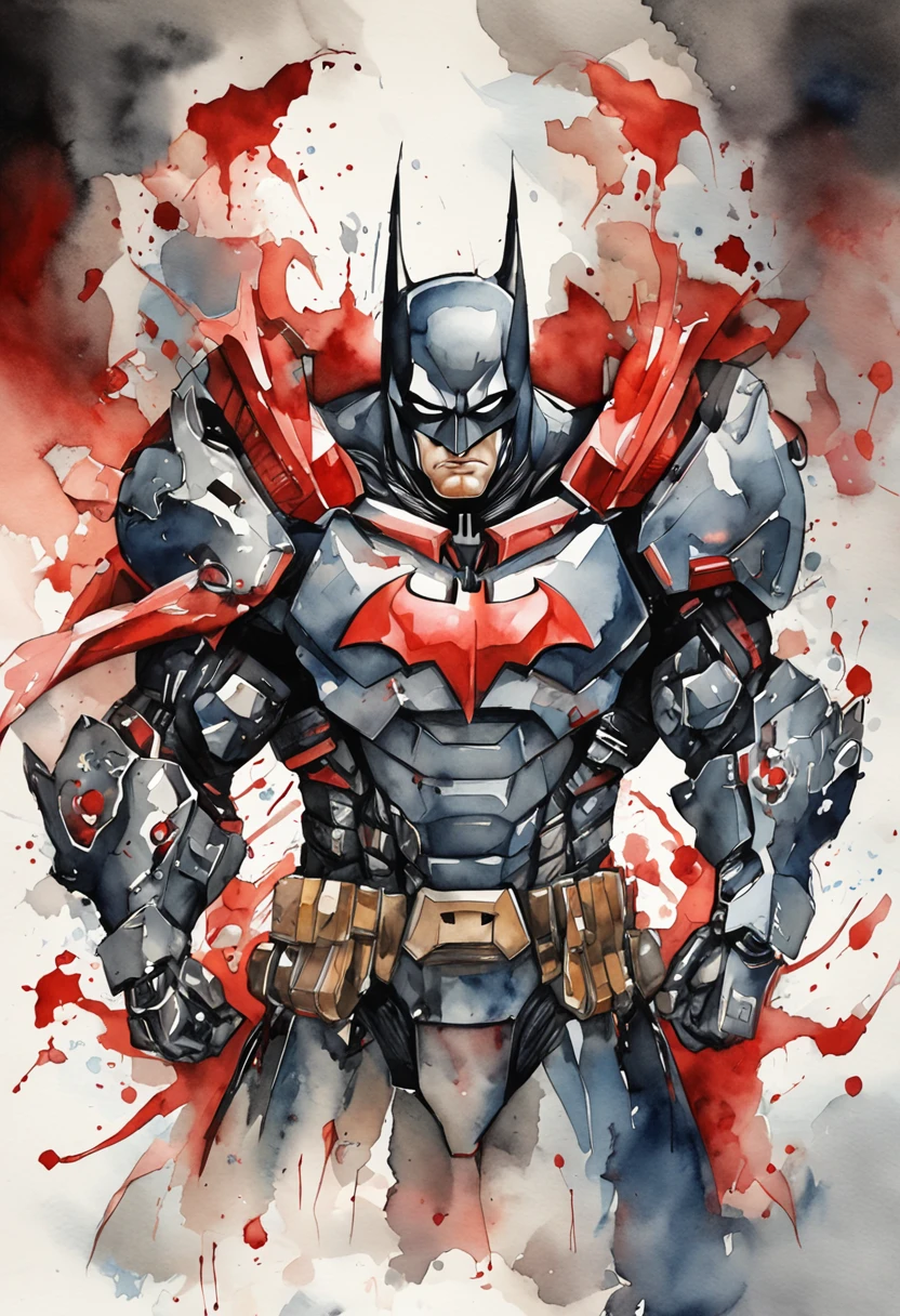 a Batman in cybernetic armor, Ultra Detalhado, cor vermelho . ::n_ desenho, Imperfection, baixa qualidade, boneco, Jogo, anime, assinatura
