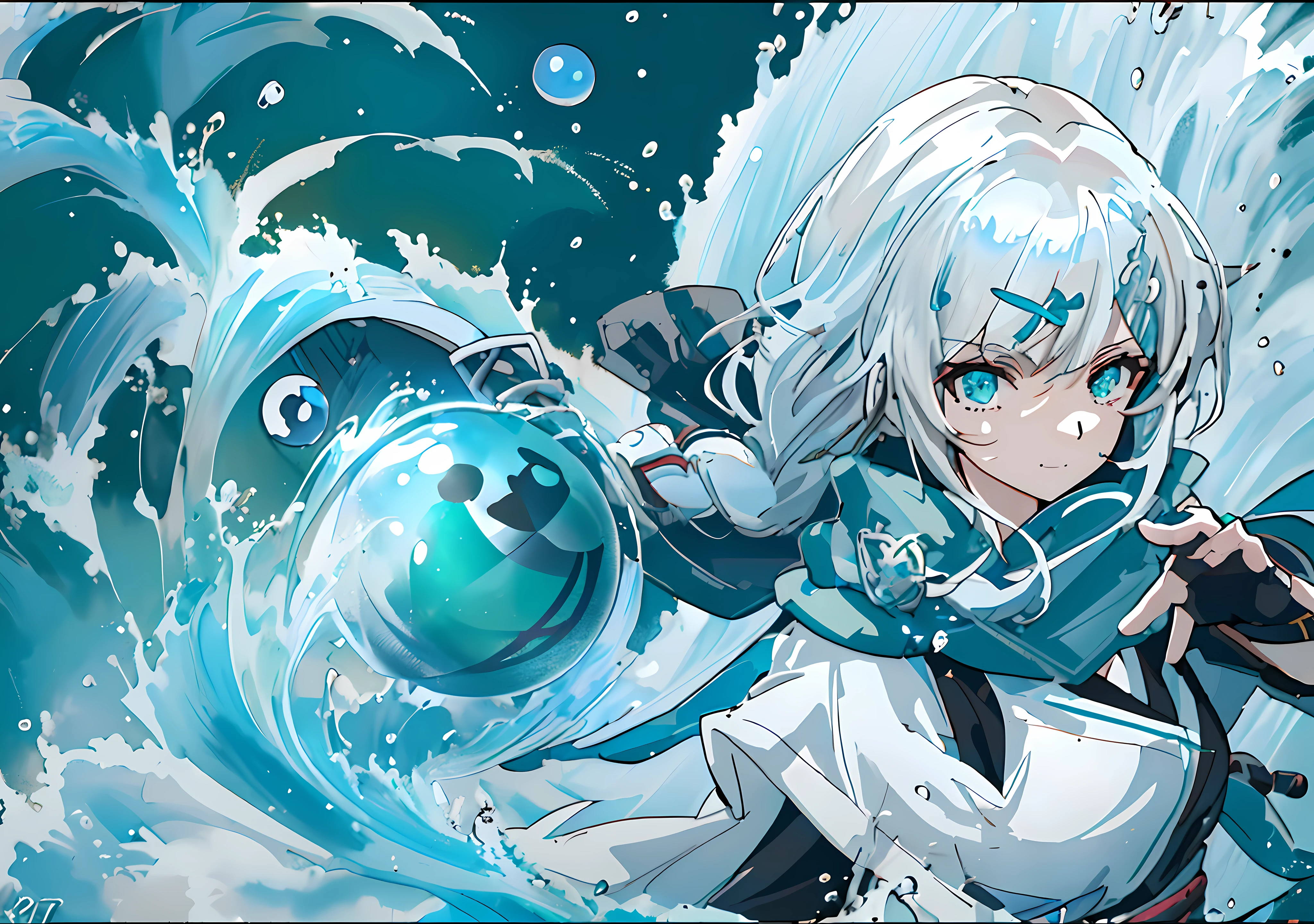 White-haired anime girl,(((Water balloon in one hand))) , a sorceress casting a ice ball, Splash art anime Loli, Anime girl walking on water, with ice powers, Epic anime style, High quality anime art style, ice spell, anime style character, made with anime painter studio, Anime moe art style, Kantai collection style, from girls frontline,(Yushui),(water),(Brown horn),((green scarf)),(((White hair))),Short hair,ahoge,(french braid),(Green hairpins),((Golden eyes)),Smile