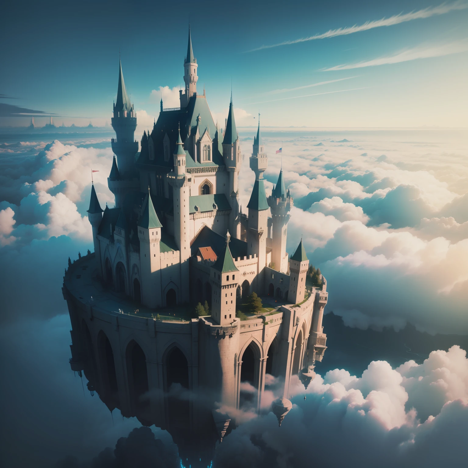 A huge castle floating above the clouds Pierce through the clouds Mother Nature is a masterpiece of high quality cyberpunk anyway huge science fiction