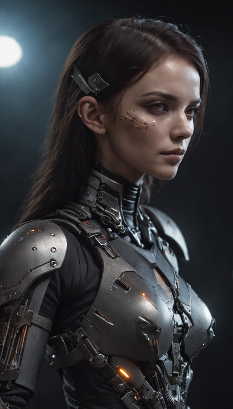 beautiful cyborg warrior woman in RustMagic Style, Cyberpunk Increase, Cyber software, Cyborg, carbon fiber, chrome, Implants, Metal skull, cyber plate armor, (Dark atmosphere:1.2), (mist & Smoke), (It's dark night:1.3), Scars, (dark medium length disheveled hair:1.1), (eyeshadows:1.1), (beautifully detailed glow:1.2), (Cinematic lighting), intricate detials, hight resolution, rounded eyes, Detailed facial features, sharp-focus, Smooth, aesthetic, Detailed dark background of industrial factory, stylish pose, dynamicpose, (DramaPaint)